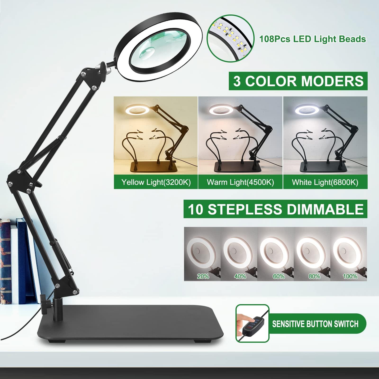 EOOKU Magnifying Glass with Light and Stand, EOOKU Flexible Magnetic Helping Hand, 5X&10X 12V 108pcs LED Beads Magnifying Lamp, 3 Modes Adjustable Swivel Gooseneck Arms & Heavy Duty Base Plate