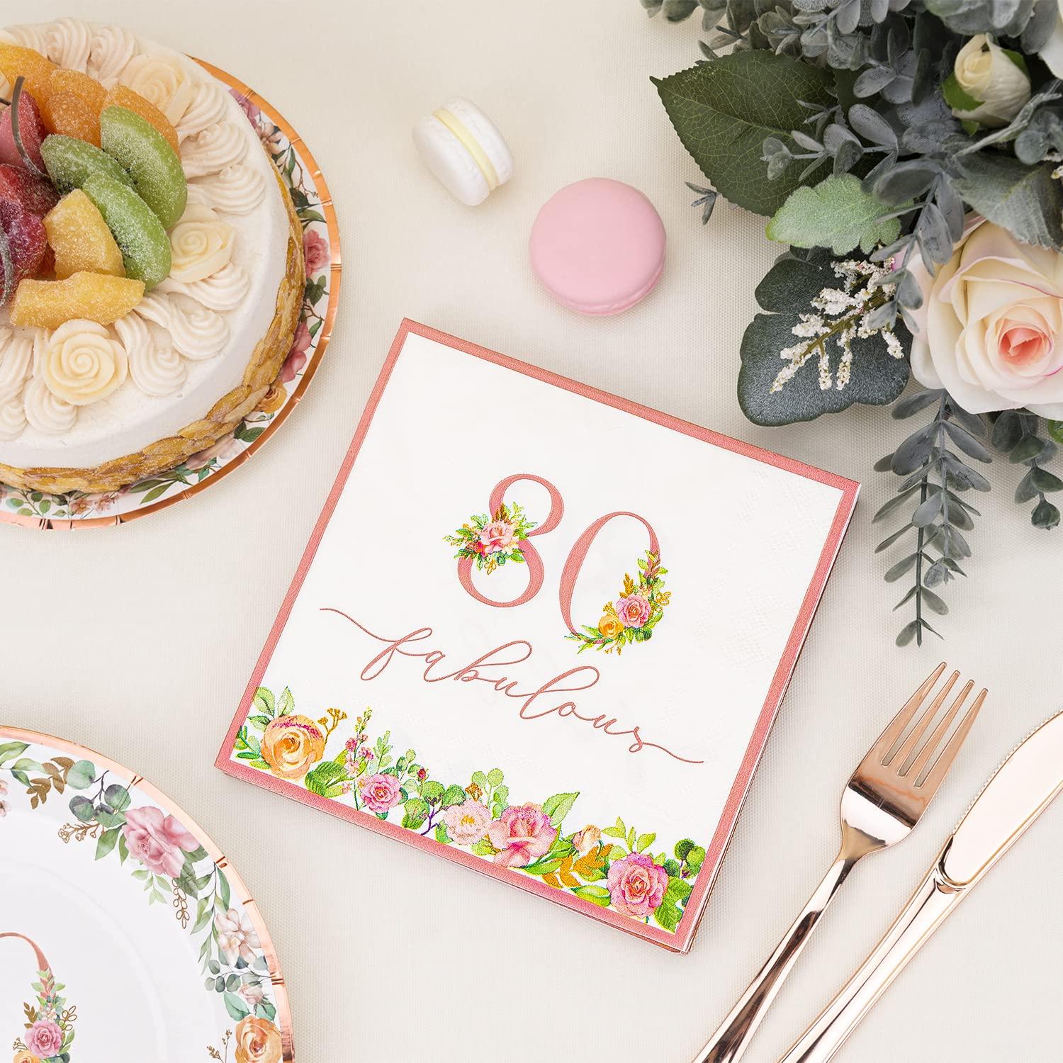 Crisky Crisky 80th Birthday Napkins and Plates for Women Rose Gold Floral Party Decoration, 80 and Fabulous Plates and Napkins for Women 80th Birthday.