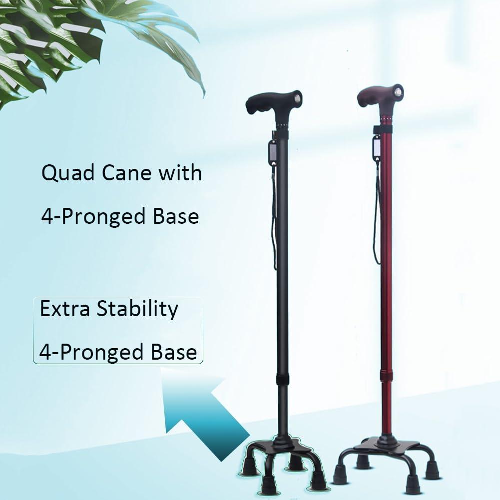 D Ger Store Quad Cane with with 4-Pronged Base, Adjustable Height Walking Stick, Load Capacity 220 lbs (Color : Black, Size : 73-95cm/28-37inch)