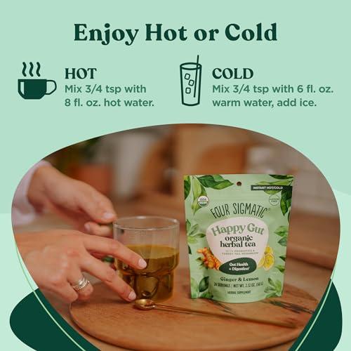 Four Sigmatic Four Sigmatic Happy Gut Organic Herbal Tea | Organic Lemon Ginger with Probiotics & Turkey Tail Mushroom | Instant Digestive Tea | Vegan, Gluten-Free | Lemon Ginger, 24 Servings
