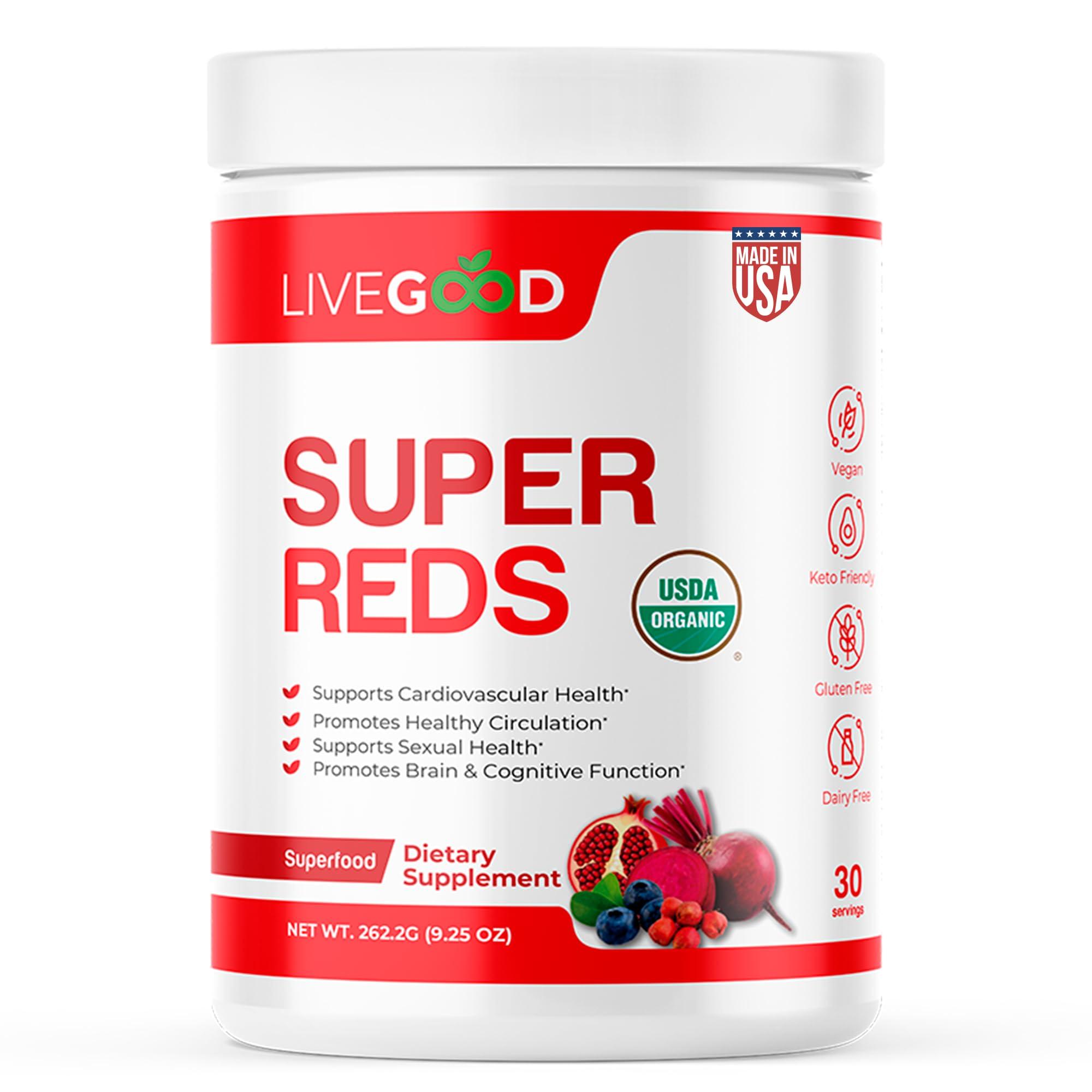 LIVEGOOD LIVEGOOD Organic Super Reds with Alfalfa, Barley Grass, Beet Root, Pomegranite, Grape Seed, Vegan, Gluten Free, 7.2 oz.