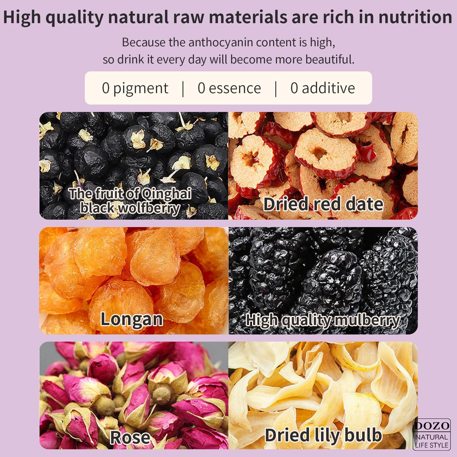 DOZO DOZO Beauty tea Bright Beauty Tea Bags Black Mulberries Rose Black Wolfberry Tea 6.35oz/180g (30bags) Glow Beautiful Flower Tea Mulberry Black Goji Berries Anthocyanin Vegan Health Herbal Tea