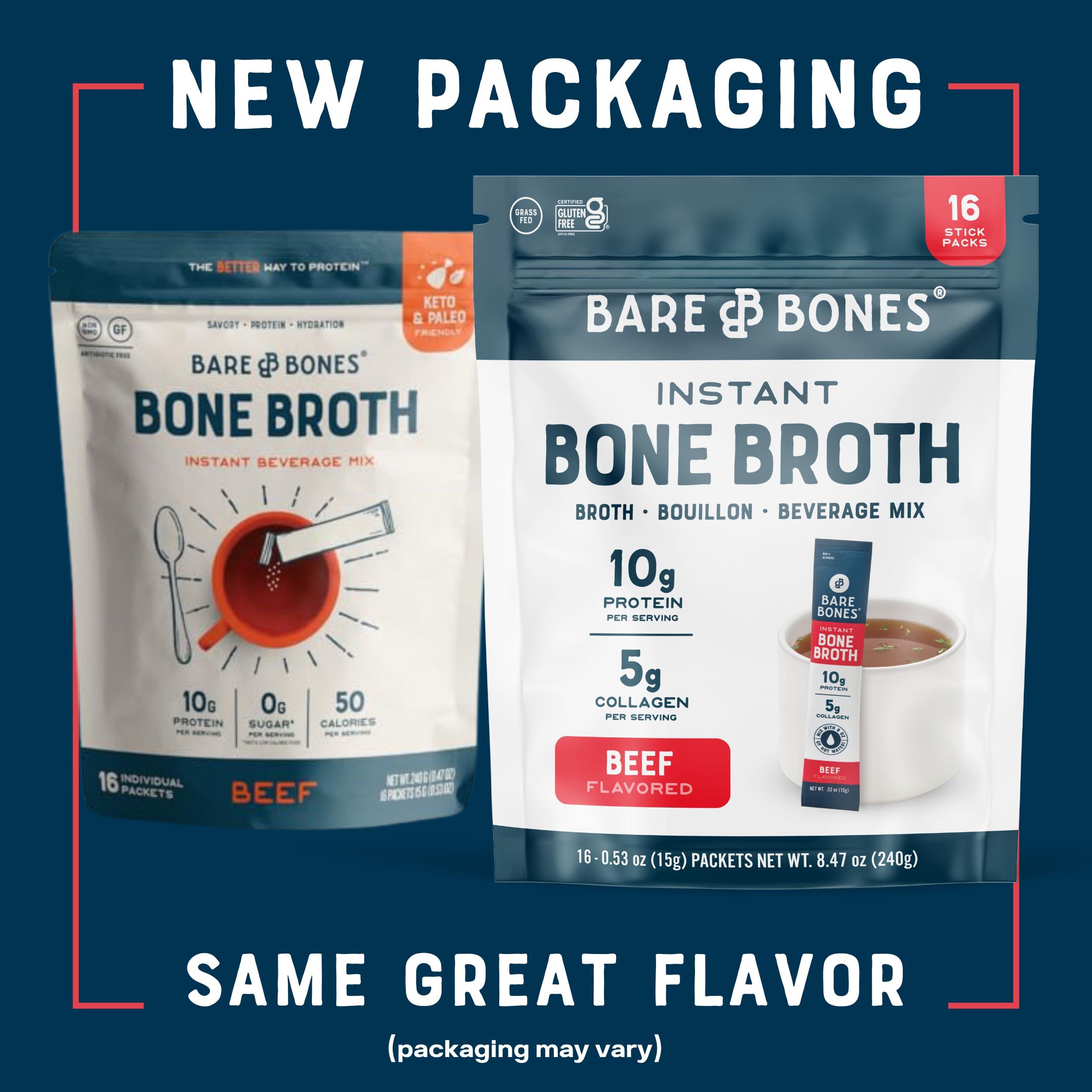 Bare Bones Bare Bones Beef Bone Broth Instant Powdered Mix | Rich Savory Packets on-the-Go No Artificial Flavors | 100% Grass Fed Keto & Paleo Friendly | Sticks 10g Protein | 32 Pack