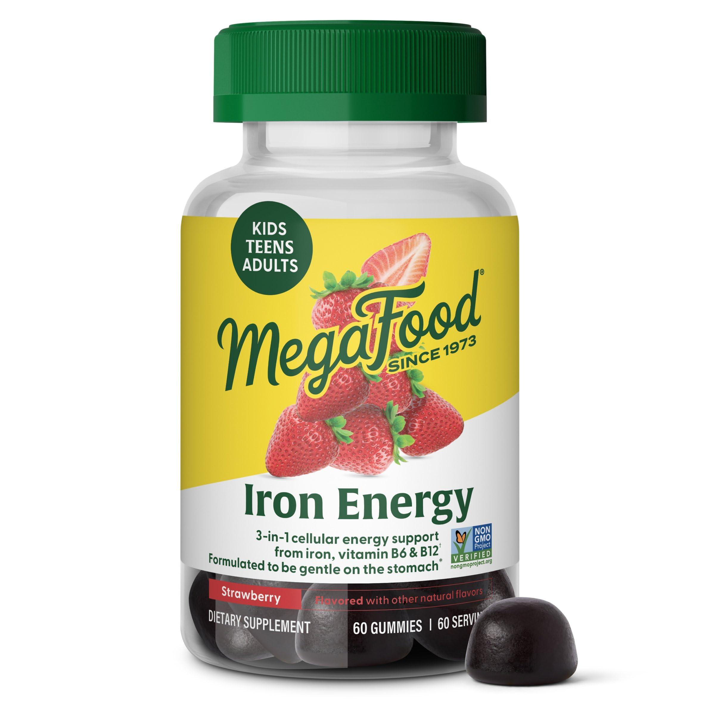 MegaFood MegaFood Iron Energy Gummies - Vegan & Gluten-Free Iron Supplement for Women, Men, Teens & Kids with Vitamin B12 & B6, from The Makers of Blood Builder Iron Supplement, Strawberry Flavor - 60 Gummies