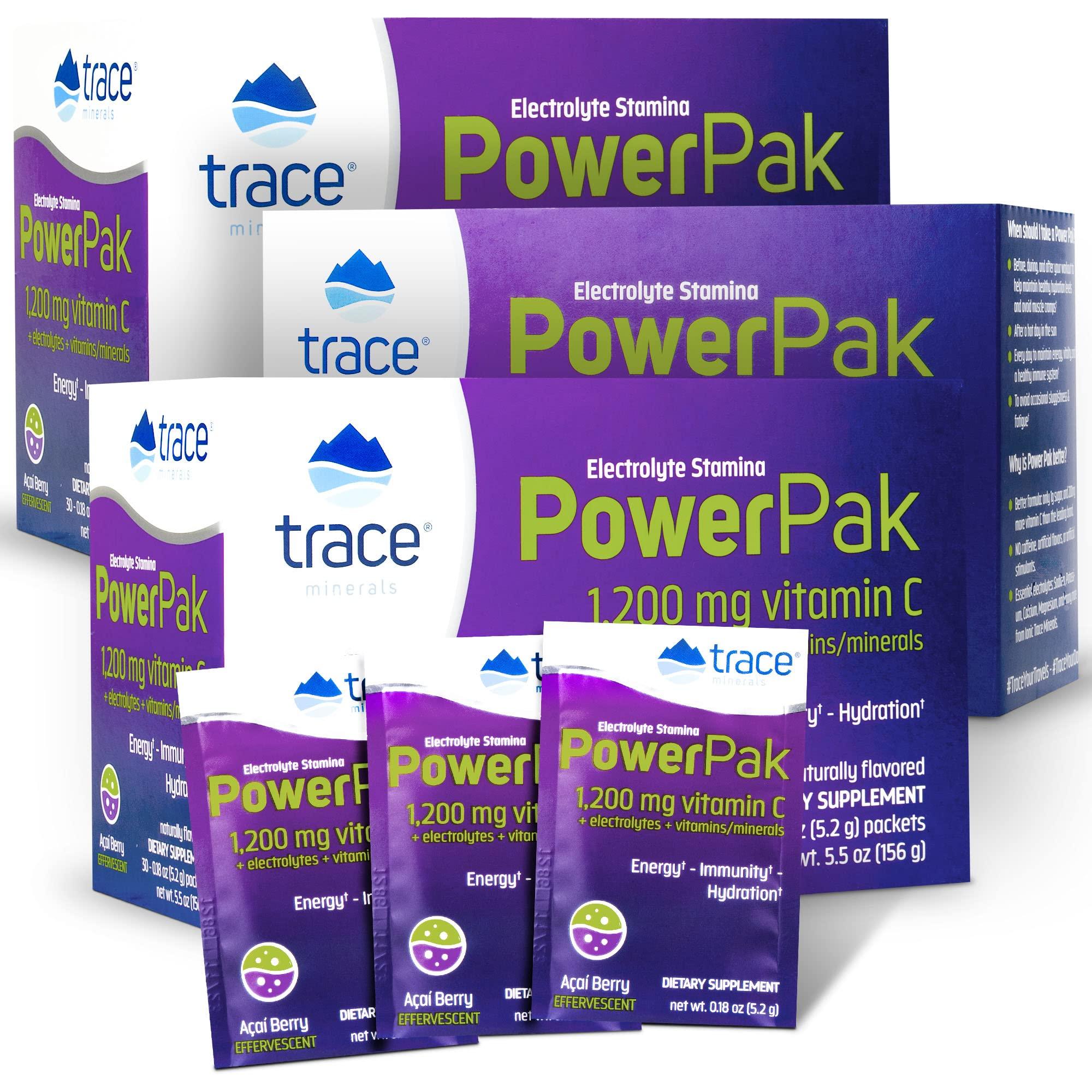Trace Minerals Research Trace Minerals | Power Pak Electrolyte Powder Packets | 1200 mg Vitamin C, Zinc, Magnesium | Boost Hydration, Immunity, Energy, Muscle Stamina | Acai Berry | 90 Packets