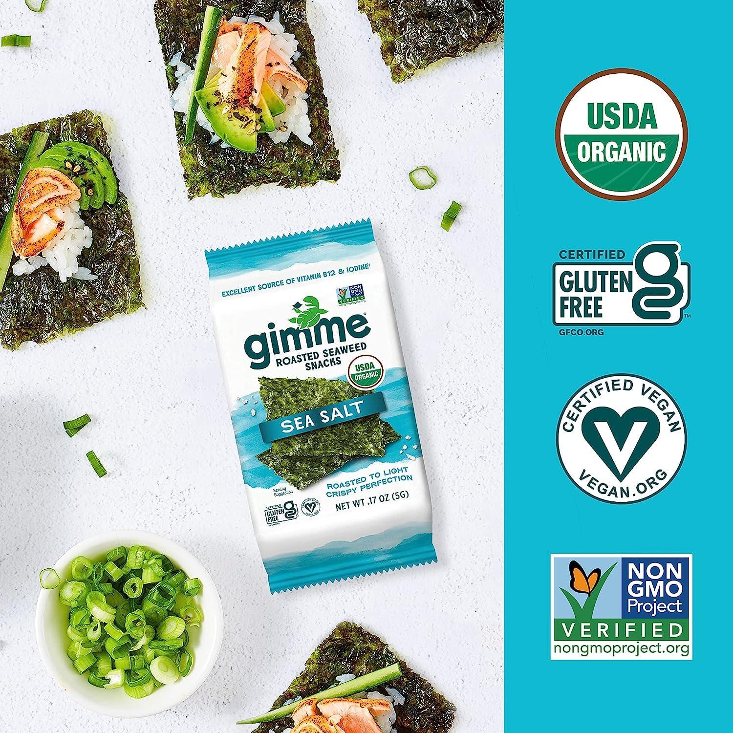 gimMe gimMe - Sea Salt - Organic Roasted Seaweed Sheets - Keto, Vegan, Gluten Free - Great Source of Iodine & Omega 3s - Healthy On-The-Go Snack for Kids Adults 4 Count (Pack of 2)