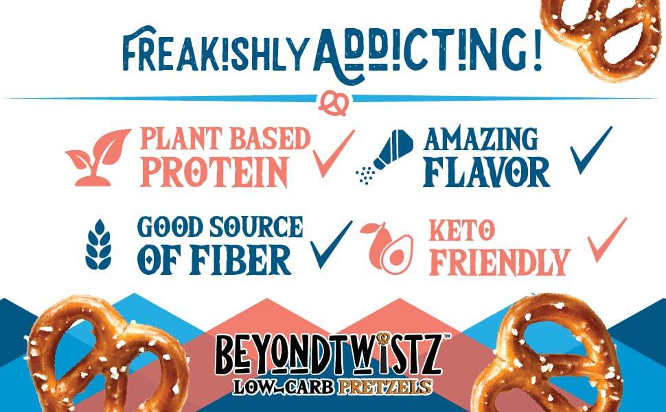 BeyondChipz BeyondTwistz Low Carb Pretzels, Garlic Butter, Keto Friendly, 2g Net Carbs, 18g Protein, Powered By HealthSense High Fiber Wheat Flour, Family Size 8oz Bag, Pack of 3