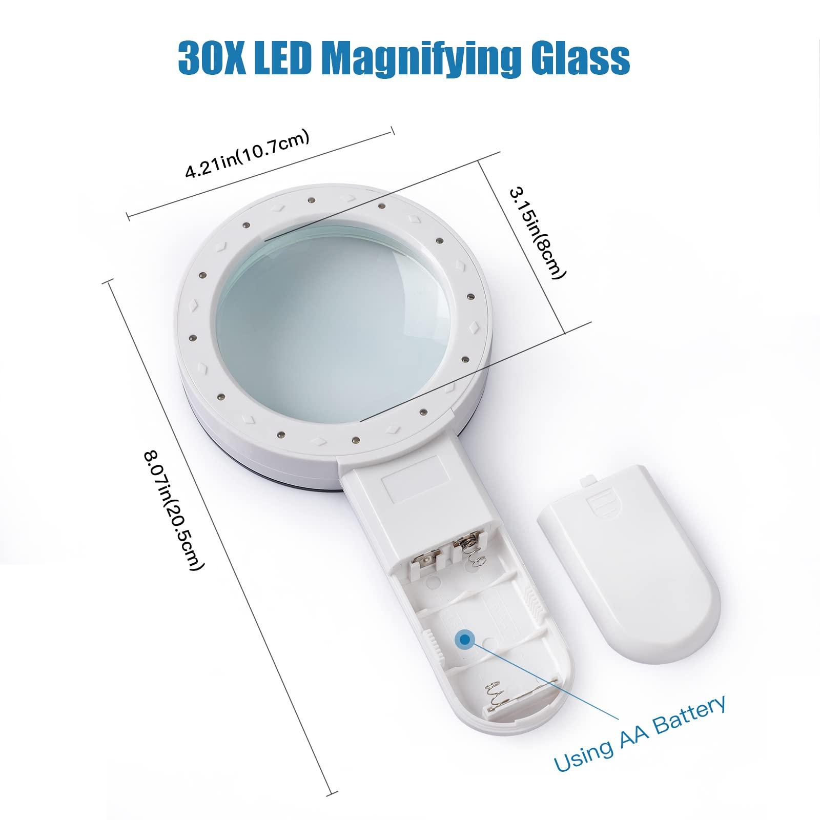 Cencita Magnifying Glass with Light, 30X Handheld Magnifying Glass, 12 LED Illuminated Lighted Magnifier for Low Vision Seniors Reading, Macular Degeneration, Soldering, Inspection, Coins, Jewelry, Exploring