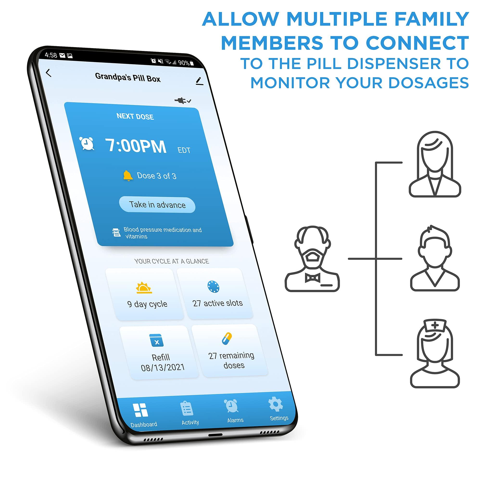 Live Fine LiveFine Smart WiFi Automatic Pill Dispenser | 28-Day Medication Organizer Up to 9 Doses Per Day for Care Monitoring with Locking Key, Adjustable Light/Sound Alarms for Prescriptions & Vitamins