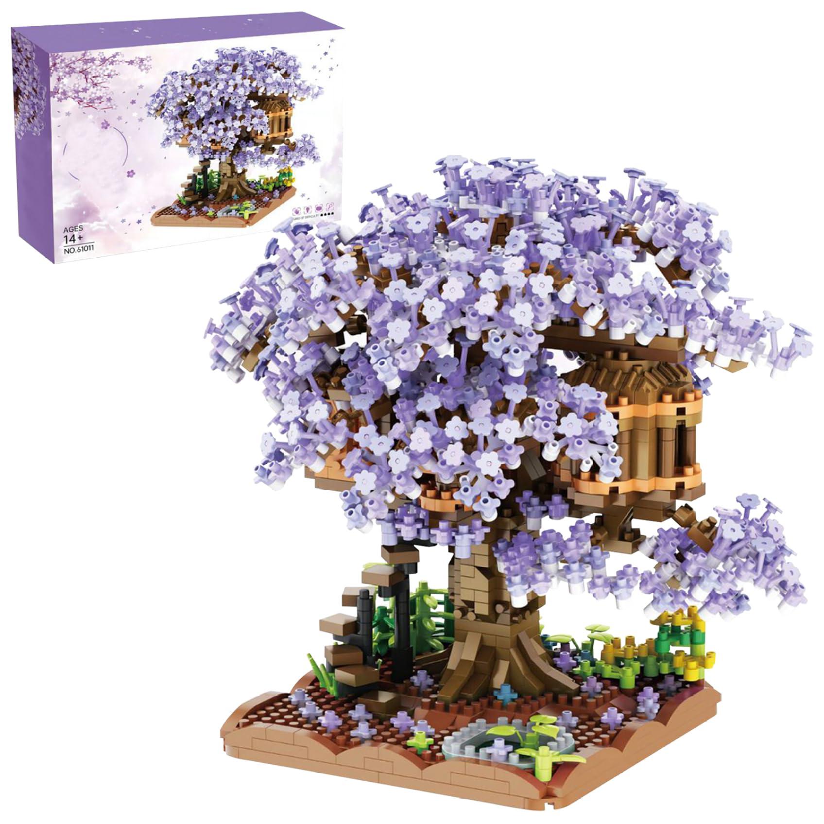 CurcKua Cherry Blossom Tree House Plastic Cherry Bonsai Tree Assembled Cute Sakura Tree DIY Mini Building Blocks Sets Cherry Blossom Tree Sakura Bonsai Tree for Adults, 14+ Teens (Without Light) Purple