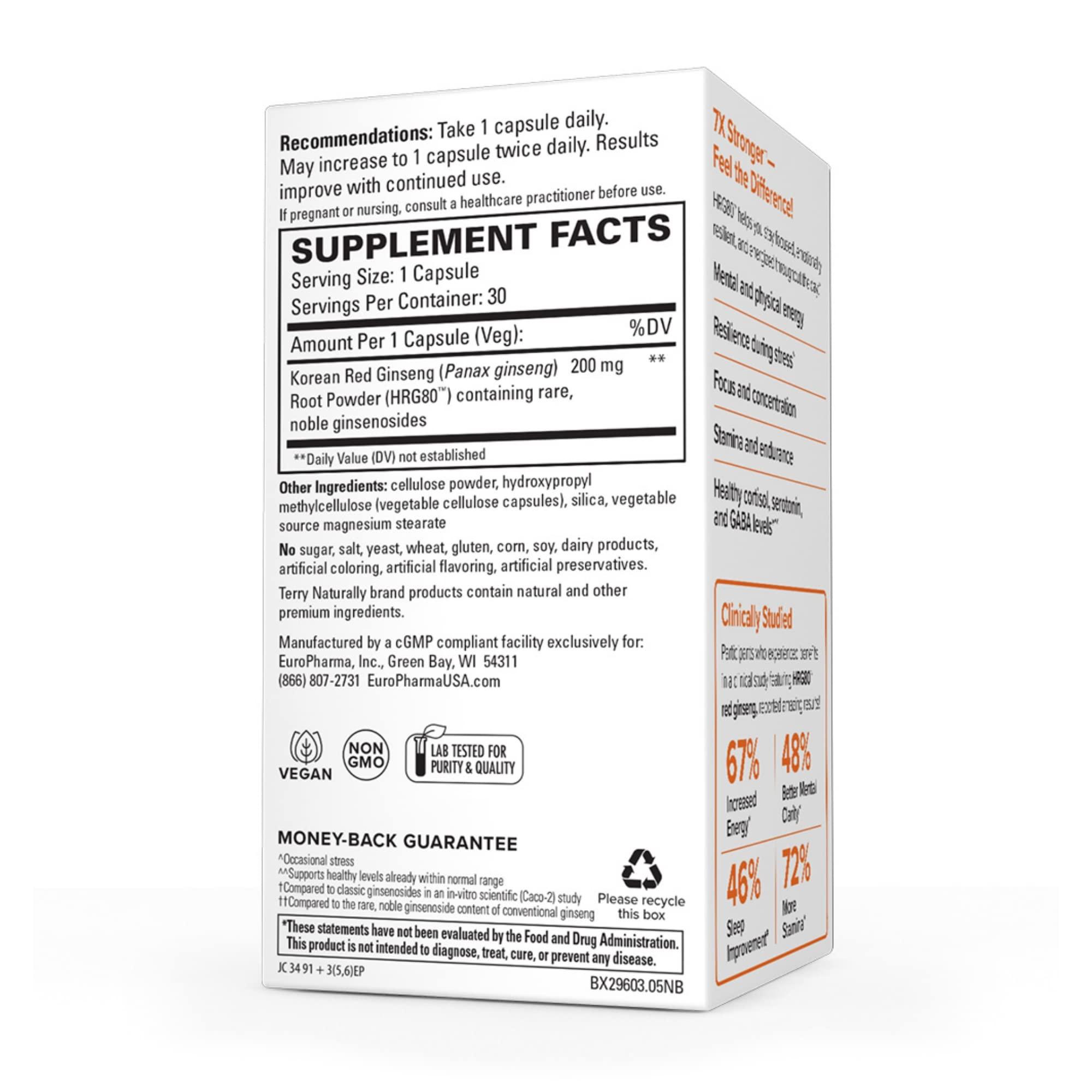 Terry Naturally Terry Naturally HRG80 Red Ginseng Energy - 30 Capsules - Red Ginseng Root Powder, Panax Ginseng, HRG80 - Non-GMO, Vegan, Gluten Free 30 Servings