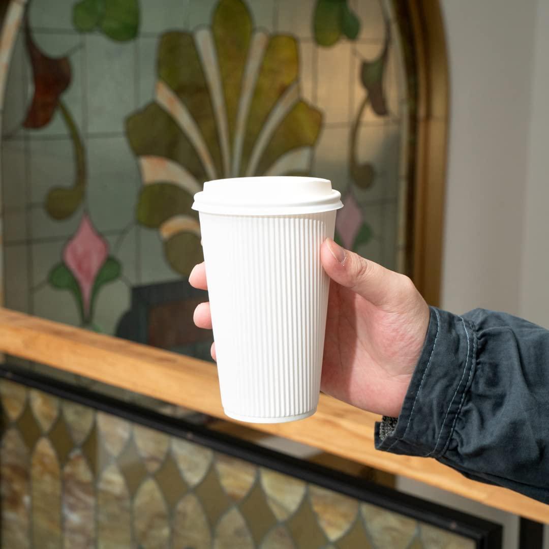 Restaurantware Restaurantware-16 Ounce Insulated Coffee Cups With Lids, 20 Ripple Wall Hot Cups With Lids - Leakproof, Non-Slip, White Paper Coffee Cups, Disposable, For Teas, Hot Cocoas, Or Lattes