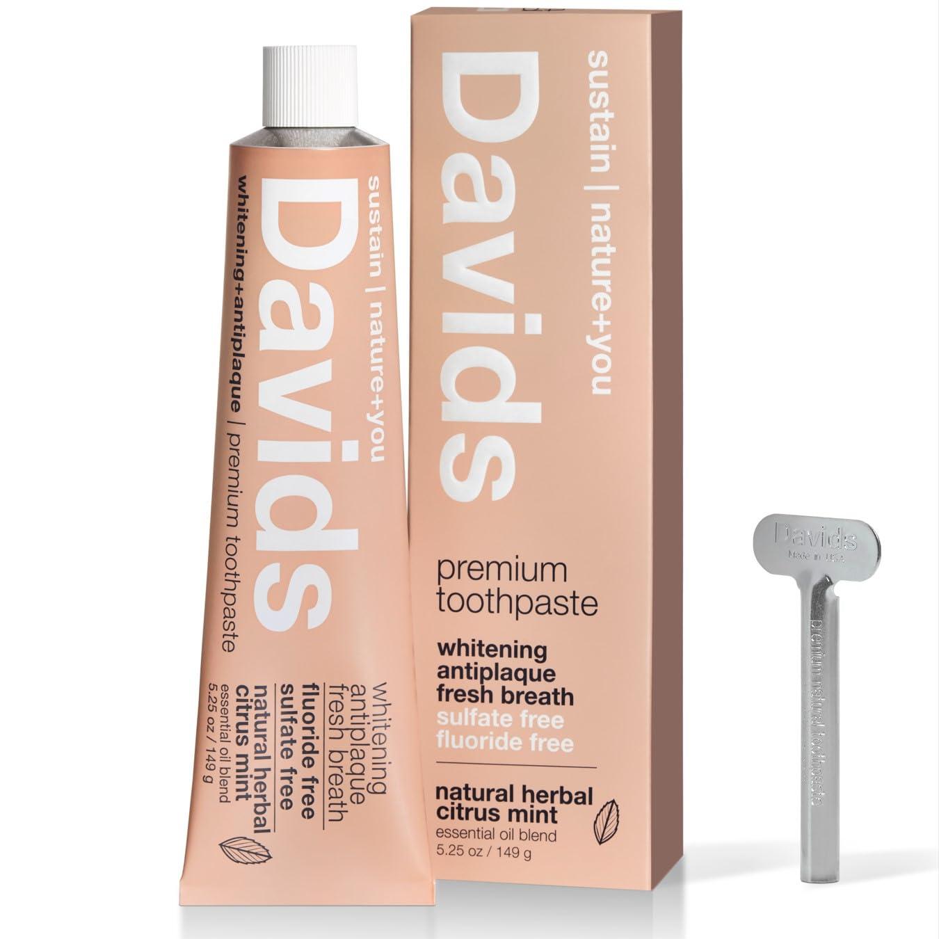 Davids Davids Fluoride Free Toothpaste, Teeth Whitening, Antiplaque, SLS (Sulfate) Free, Promotes Enamel Health, Mouth & Gum Detox, EWG Verified, Natural Herbal Citrus Mint, 5.25oz