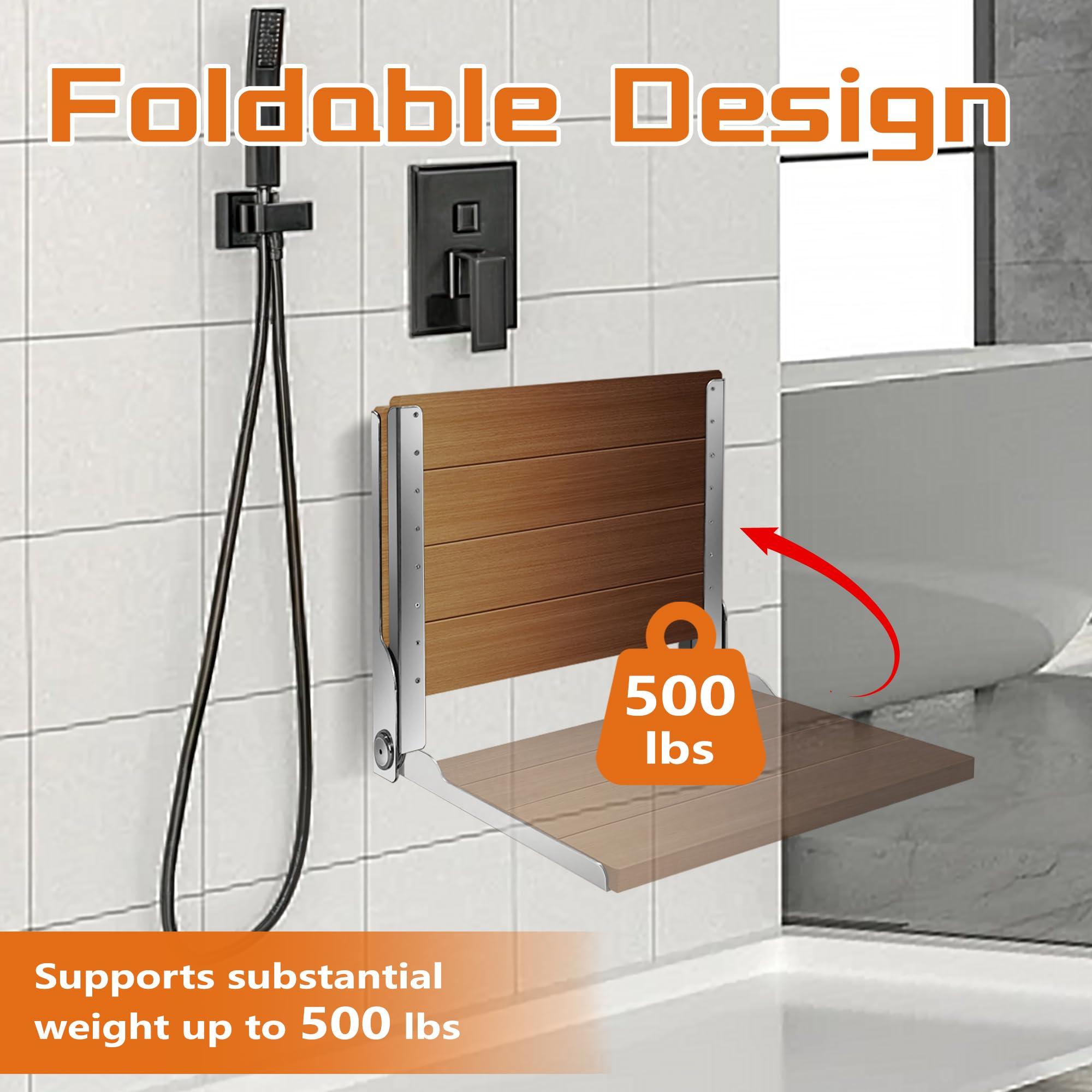 koretech Teak Shower Bench 20'', Folding Shower Chair Wall Mounted, Wood Folding Shower Seat, Teak Shower Bench for Inside Shower, 500 lbs Capacity, Silver