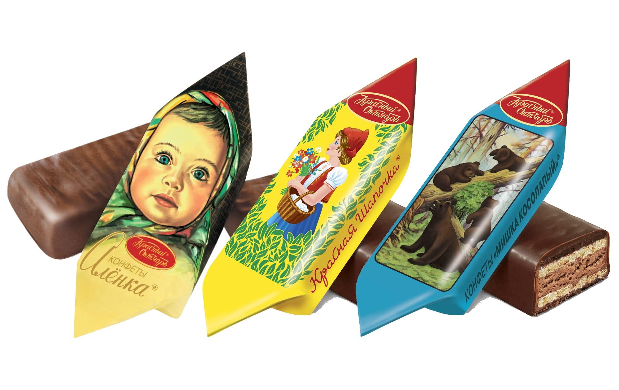 Krasnyi Oktyabr Chocolate Candies Mix Mishka Kosolapy (Toed Clumsy Bear), Little Red Riding Hood (Krasnaya Shapochka), Alionka (Alenka, Alyonka) 500g/17.63oz Nutty Paste with Wafers and Chocolate Glaze in Individual Wraps Gourmet Imported Russian Candy Sweets Bars U