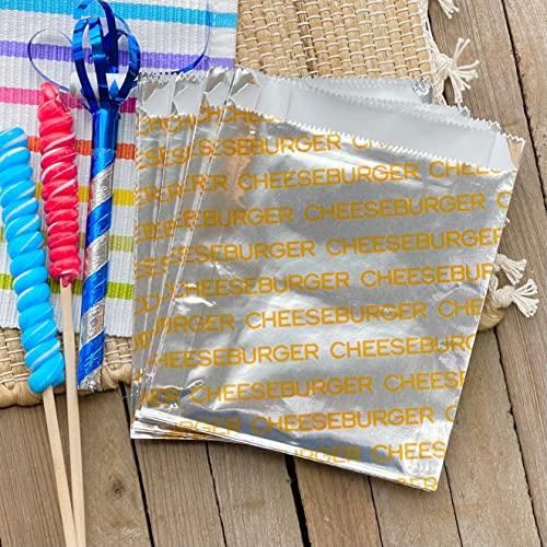 Outside the Box Papers Printed Foil Cheeseburger Bags- 75 Pack - Silver, Yellow