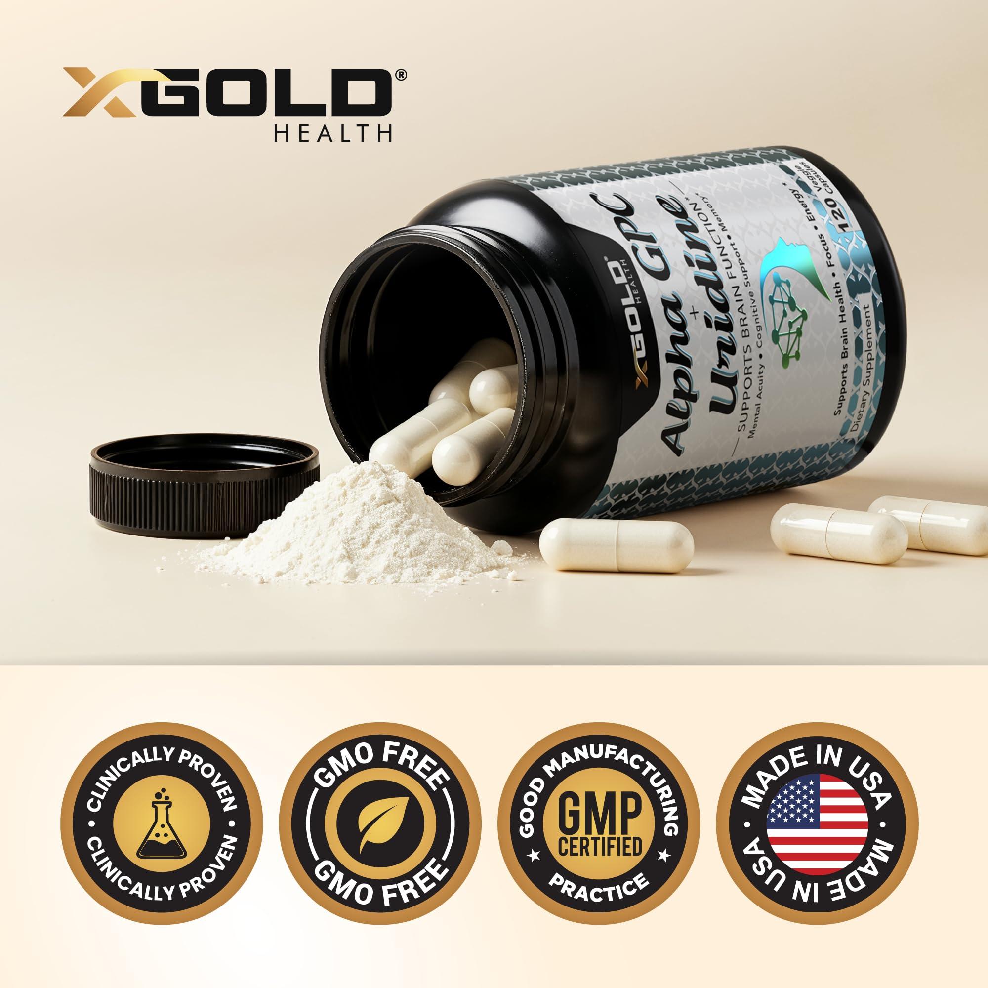 X Gold Health Alpha GPC Choline 600mg + Uridine Monophosphate 300mg-2-in-1 Nootropic Supplement Helps Boost Focus, Energy & Cognitive Performance -Potent Mood Enhancer & Brain Focus Supplements -120 Veggie Capsules