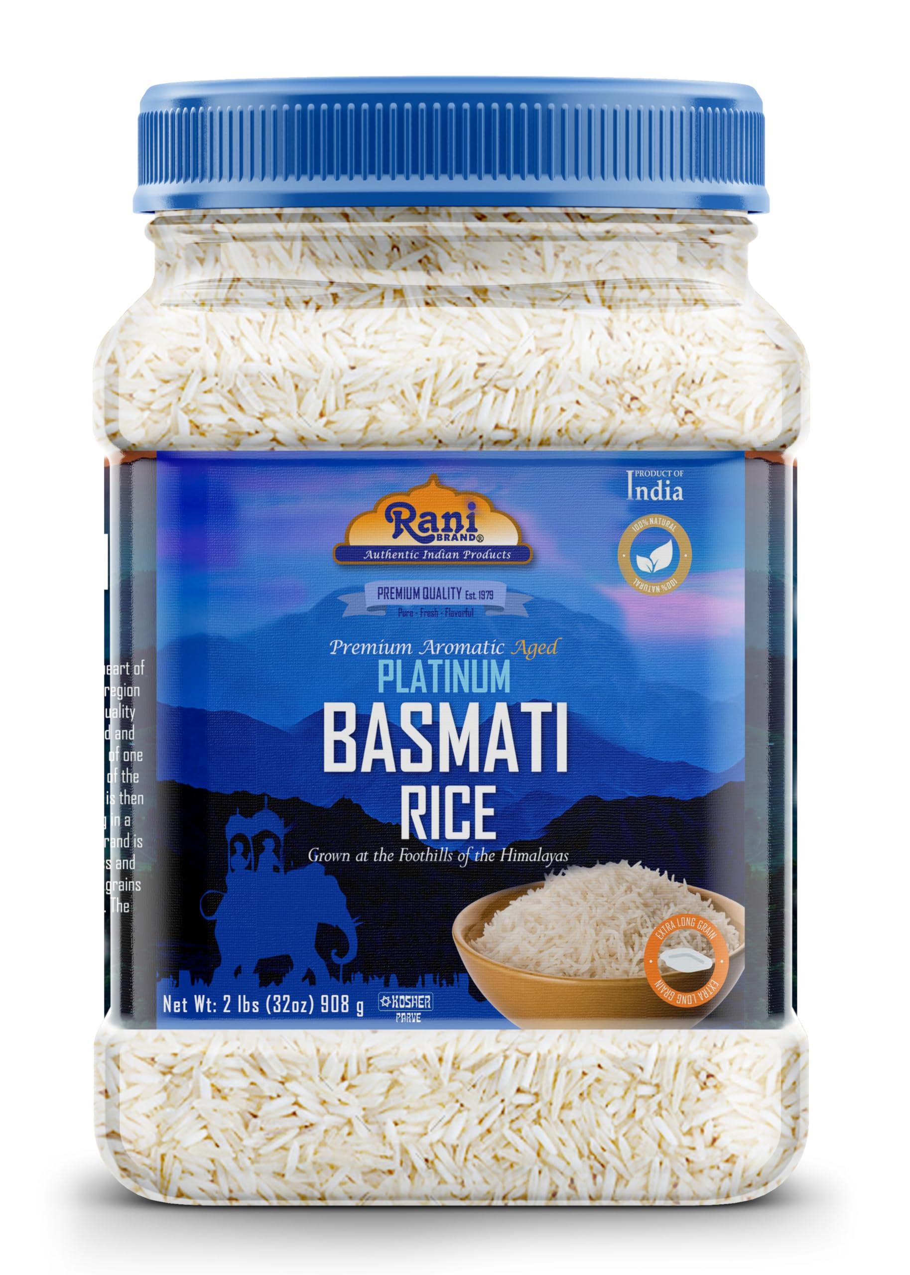 Rani Brand Authentic Indian Products Rani Platinum White Basmati Rice Extra Long Aged 32oz (2lbs) 908g PET Jar ~ All Natural | Gluten Friendly | Vegan | Indian Origin | Kosher | Export Quality