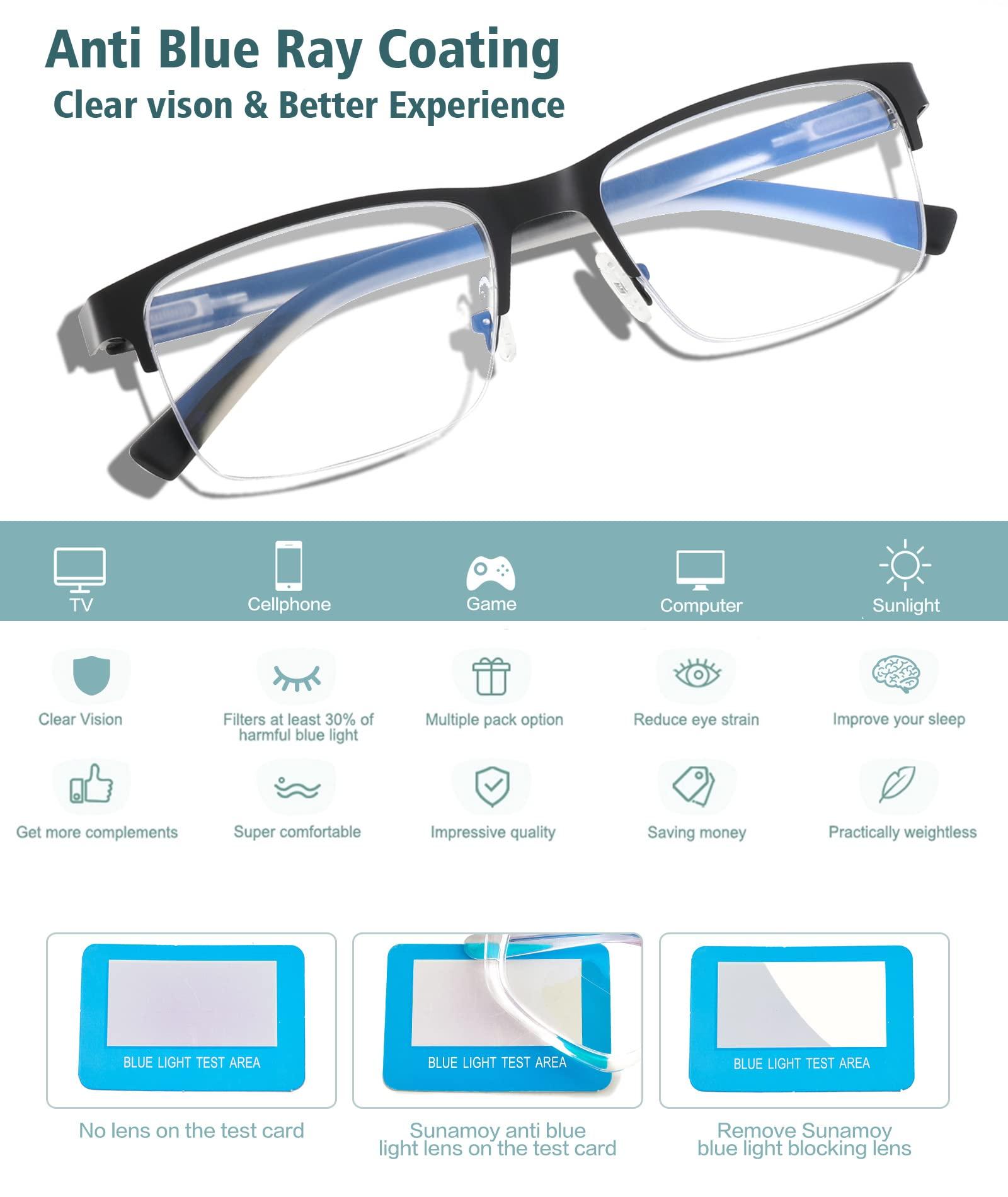 SUNAMOY Multifocus Reading Glasses Men Progressive Multifocal Blue Light Computer Reader Half Frame Metal Extra Wide Eyeglasses No Line Bifocals Large Designer Cheaters Transition Square Eyewear 2packs 1.25