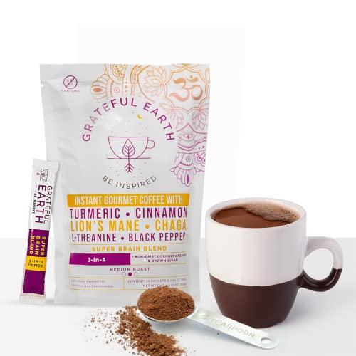 Grateful Earth Grateful Earth Mushroom Coffee, Coconut Instant Coffee with Cinnamon, Turmeric, Lions Mane Mushrooms, L-Theanine, Chaga, Super Brain Blend For Energy & Immune Support, Dairy & Gluten Free, 20 Packets