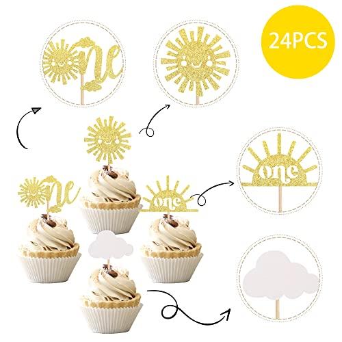 ZHUOWEISM 24 PCS Sunshine One Cupcake Toppers Gold Glitter Sun Simle Face Cloud You are My Sunshine First Birthday Cupcake Picks Baby Shower 1st Birthday Party Cake Decorations Supplies