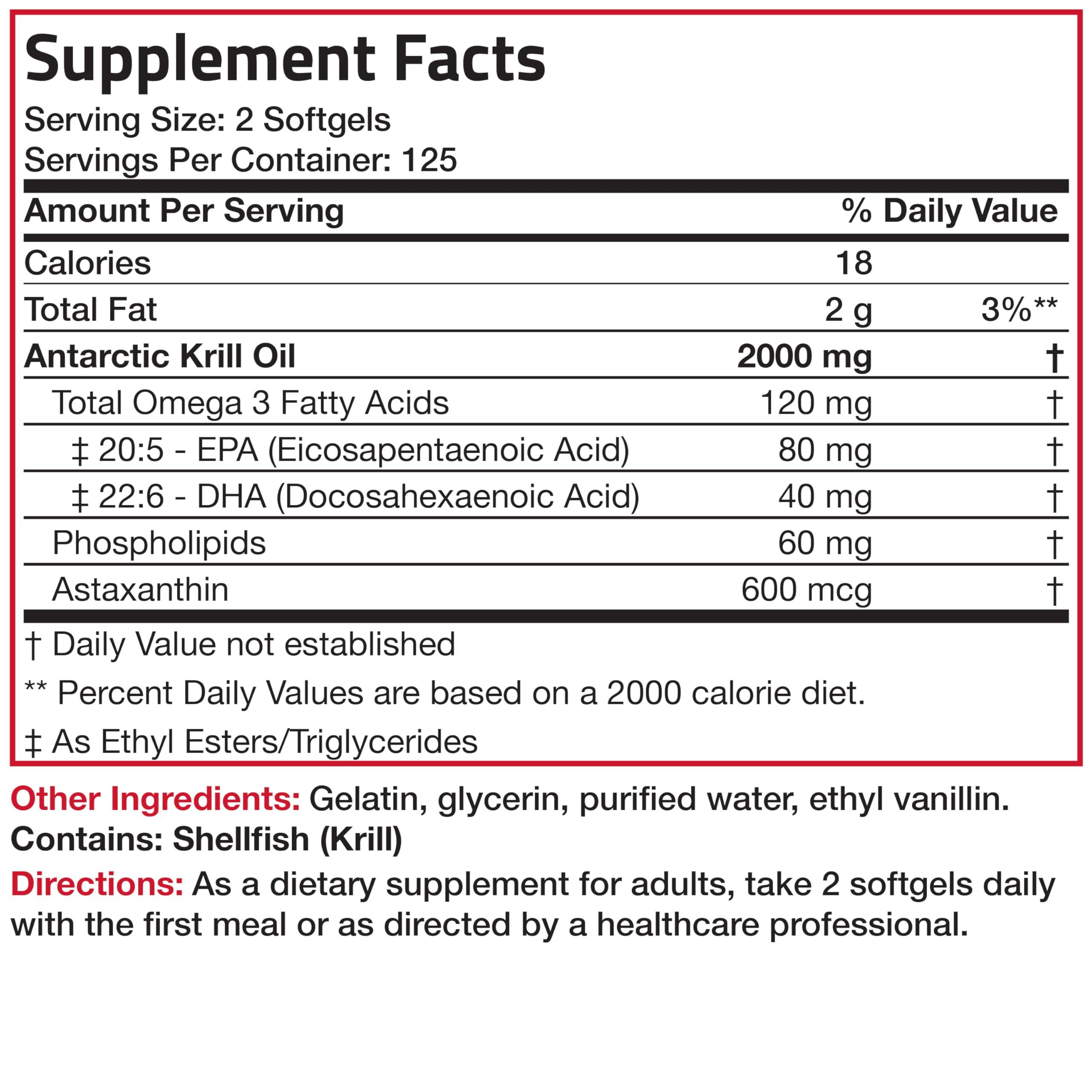 Bronson Bronson Antarctic Krill Oil 2000 mg with Omega-3s EPA, DHA, Astaxanthin and Phospholipids, 250 Softgels (125 Servings)