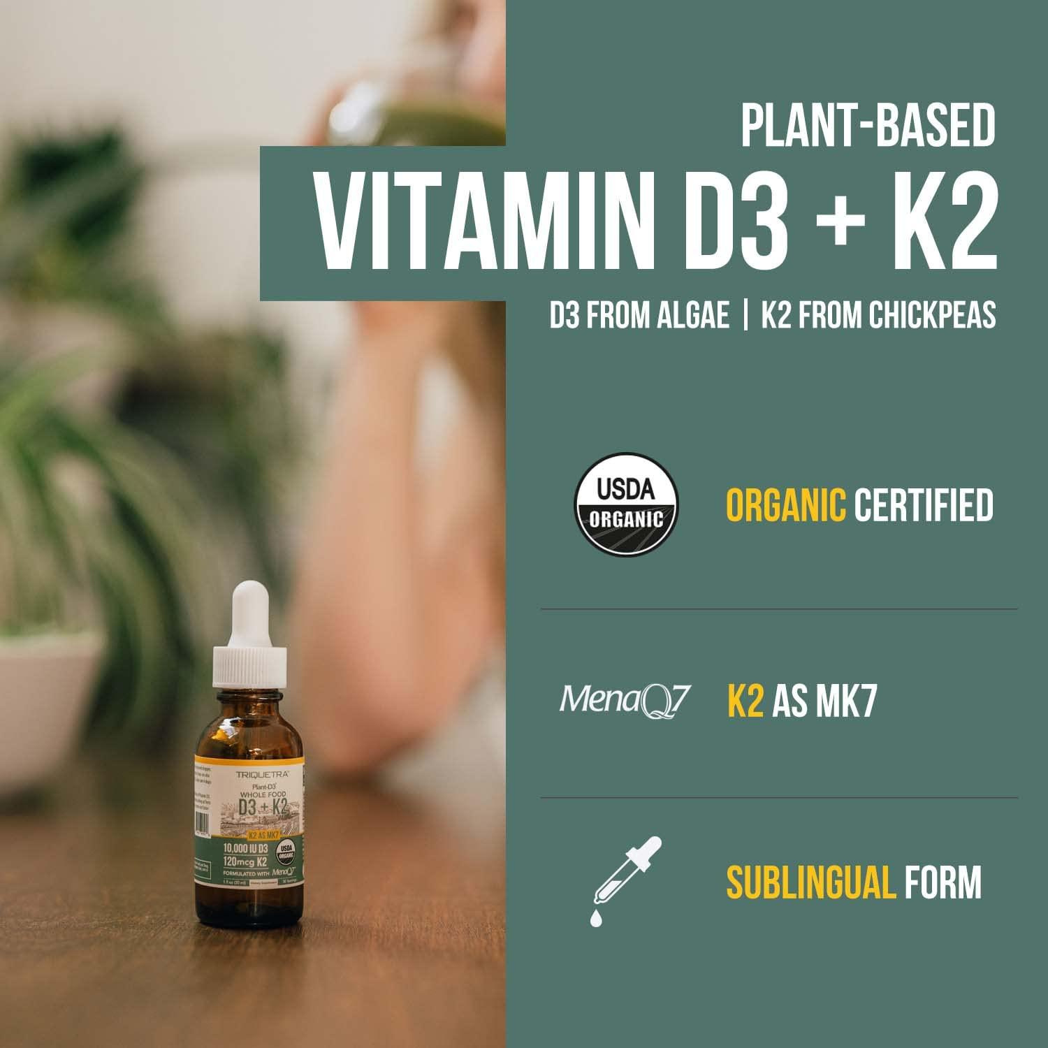 Triquetra Health Organic Plant D3+K2 (5000 iu D3) All-Trans MK7 from MenaQ7 (120 mcg K2) 100% Organic & Plant-Based Sublingual D3 Drops (Cholecalciferol), 100% Vegan, Supports Immunity, and Bone, (1oz-2Pack)