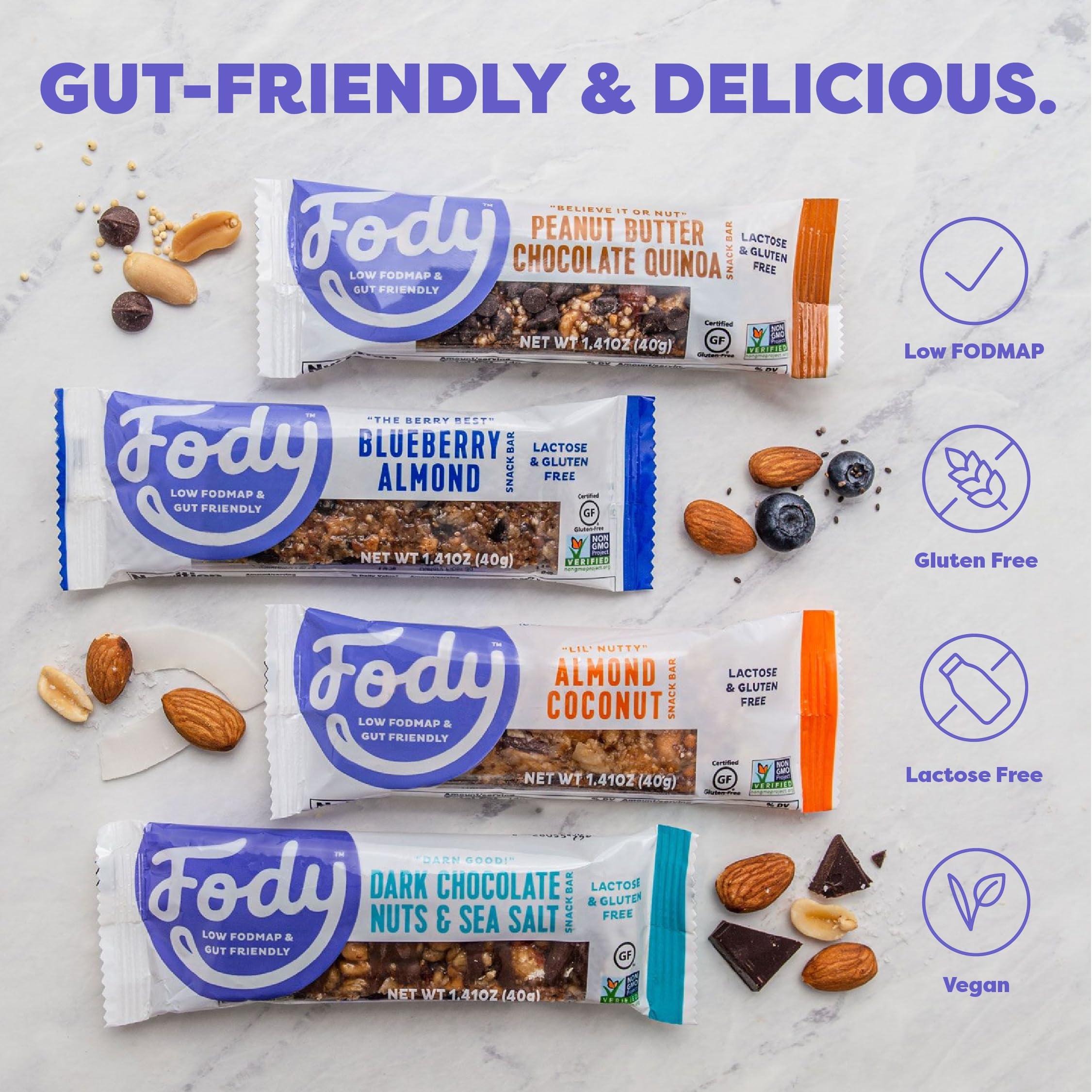 Fody Fody Foods Vegan Protein Nut Bars, Dark Chocolate Nuts and Sea Salt Flavor, 6g Protein per Bar, Low Fodmap Certified, Sensitive Recipe, Gut & IBS Friendly, 6 Count