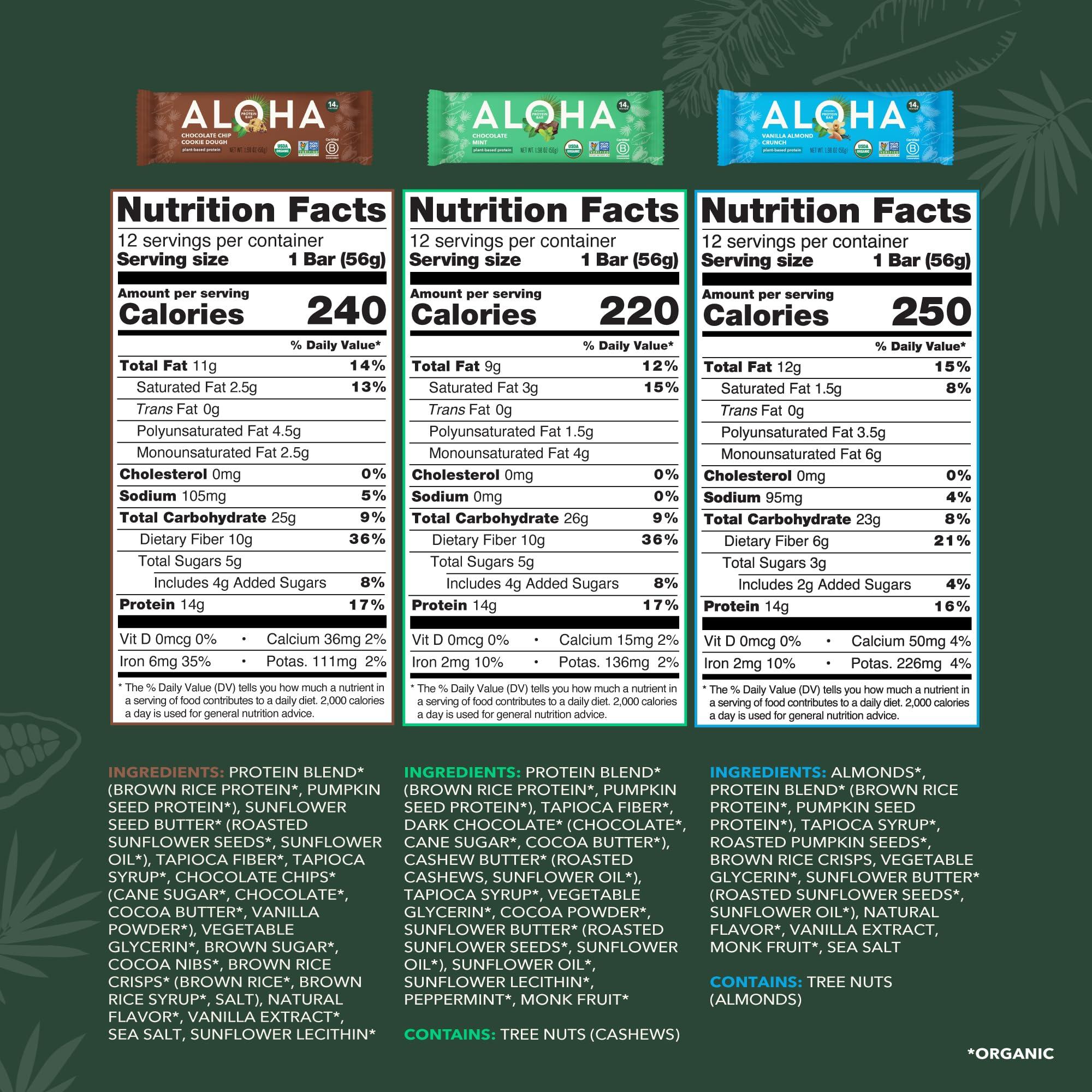 ALOHA ALOHA Organic Plant Protein Bars - Chocolate Mint & 5 Other Flavors Variety Pack - 12 Count, 1.98oz Bars