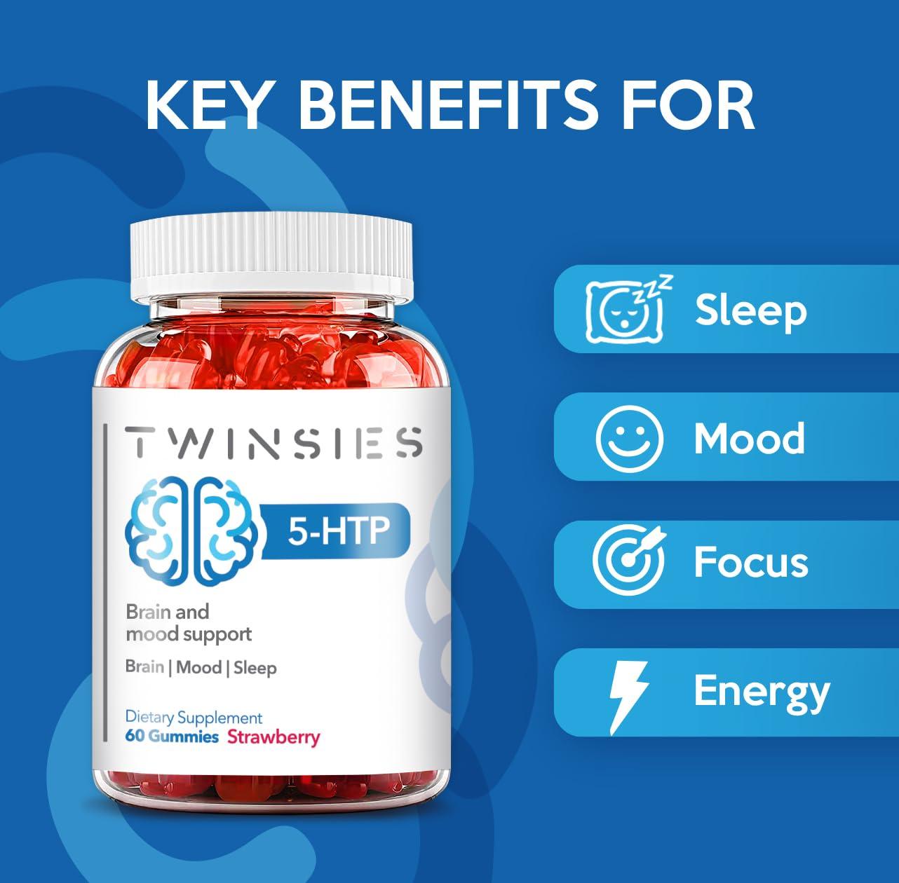 Twinsies Twinsies 5-HTP Gummies 200mg with L-Tryptophan Supplement for Brain, Mood Stabilizer and Sleep Support, 60 Strawberry Gummies (Strawberry)