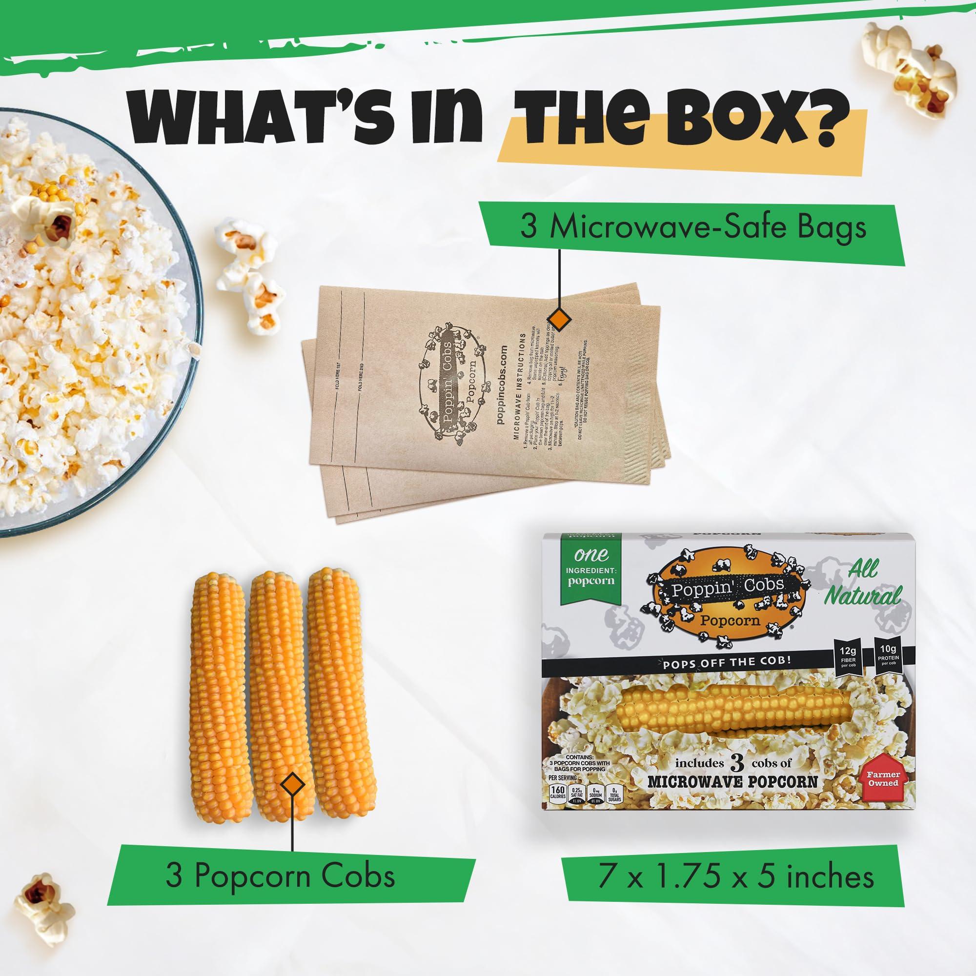 Poppin' Cobs Microwave Popcorn on the Cob - Pops off the Cob | Poppin\' Cobs Popcorn | Individually Wrapped Popcorn Cobs with 3 Bags For Popping | Single Ingredient | Gluten Free | Non-GMO | Single Harvest | Farm Fresh | Farmer Owned