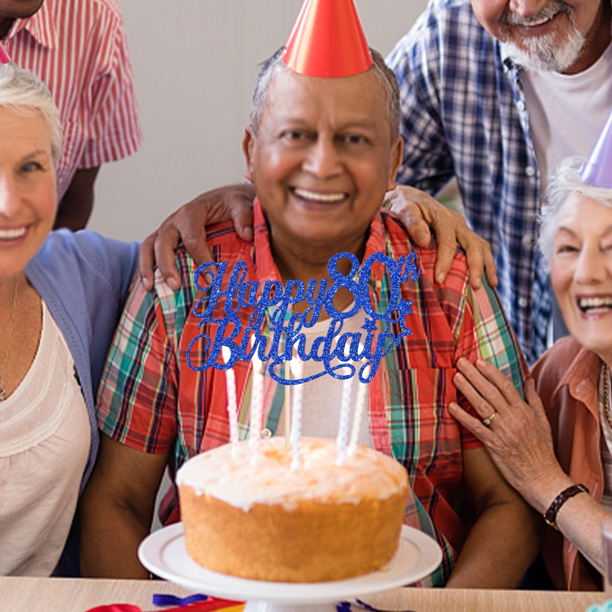 YCTHUNFISH 1 Pack Happy 80th Birthday Cake Topper Glitter Little Star Cheers to 80 Cake Pick 80 Fabulous Cake Decorations for 80th Birthday Anniversary Theme Party Supplies Blue