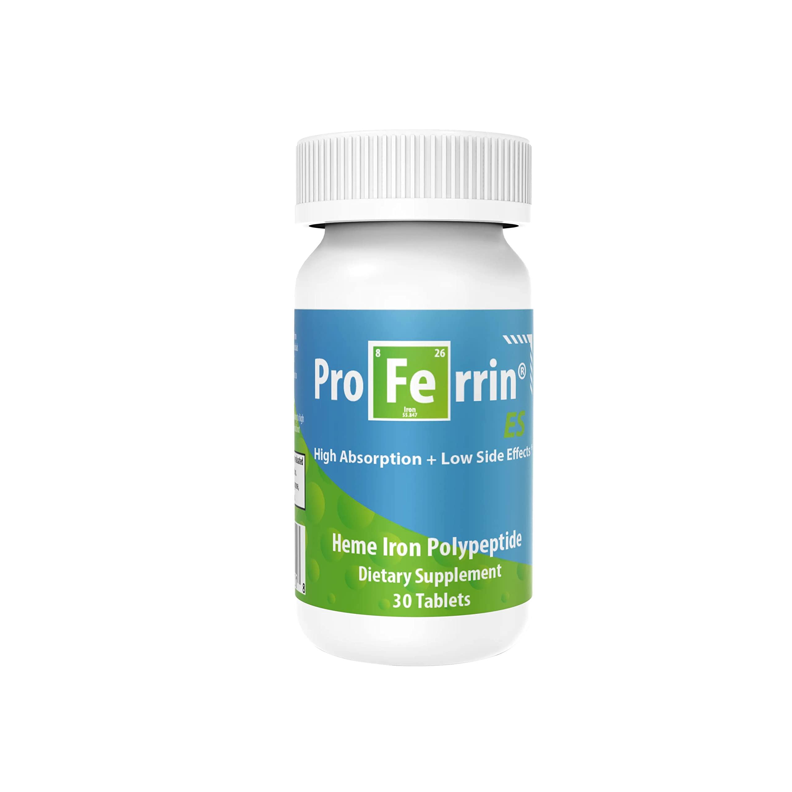 Proferrin Proferrin ES- 10.5mg of high Absorbing Heme Iron Polypeptide. Made in The USA. 30 Tablets. Easy on The Gut. Not affected by Coffee, Calcium, or PPI's.