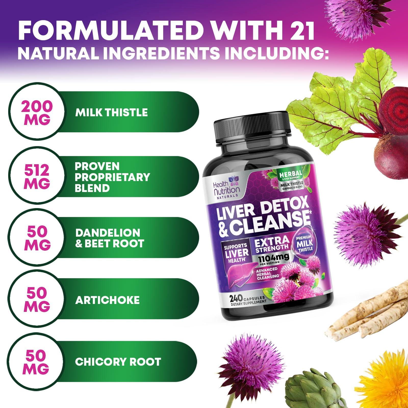 Health Nutrition Naturals Gentle Liver Cleanse Detox & Repair Formula - Herbal Liver Support Supplement: Milk Thistle with Silymarin, Artichoke Extract, Dandelion, Beet, Chicory Root, & Turmeric for Liver Health - 240 Capsules