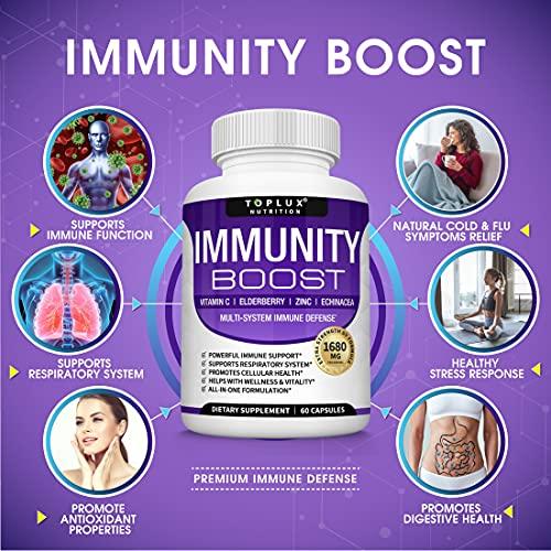 Toplux 10 in 1 Immunity Boost Immune Support Supplement – 1650mg Made with Elderberry, Vitamin C, Zinc, Echinacea & Probiotics for Immune System Booster, Support Healthy Respiratory System, 2x 60 Capsule
