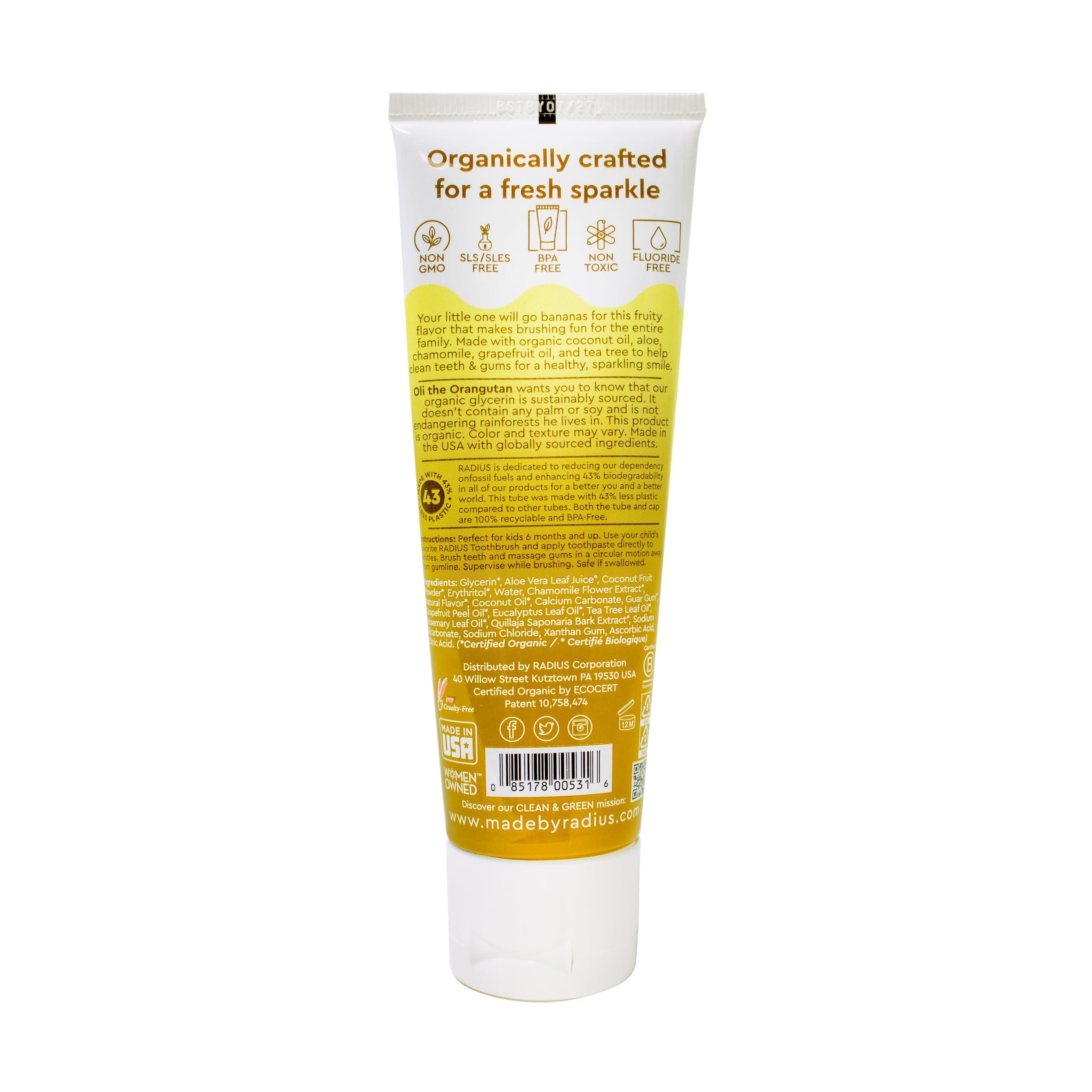RADIUS RADIUS USDA Organic Kids Toothpaste 3oz Non Toxic Chemical-Free Gluten-Free Designed to Improve Gum Health for Children's 6 Months and Up - Coconut Banana - Pack of 3
