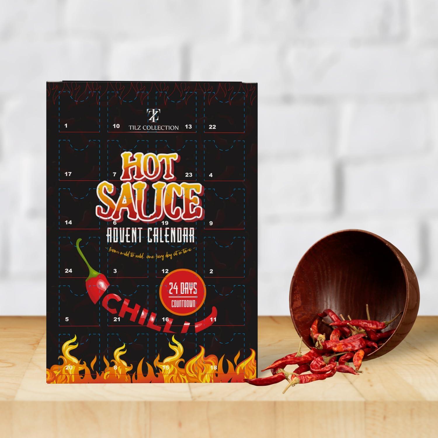 TILZ COLLECTION Hot Sauce Advent Calendar 2024-24 Days Chilli Sauce Advent Calendar, Food Advent Calendar 2024 Men, Hot Sauce Set, Non-chocolate Advent Calendar Women, Chilli Challenge Hot Sauce (Black)