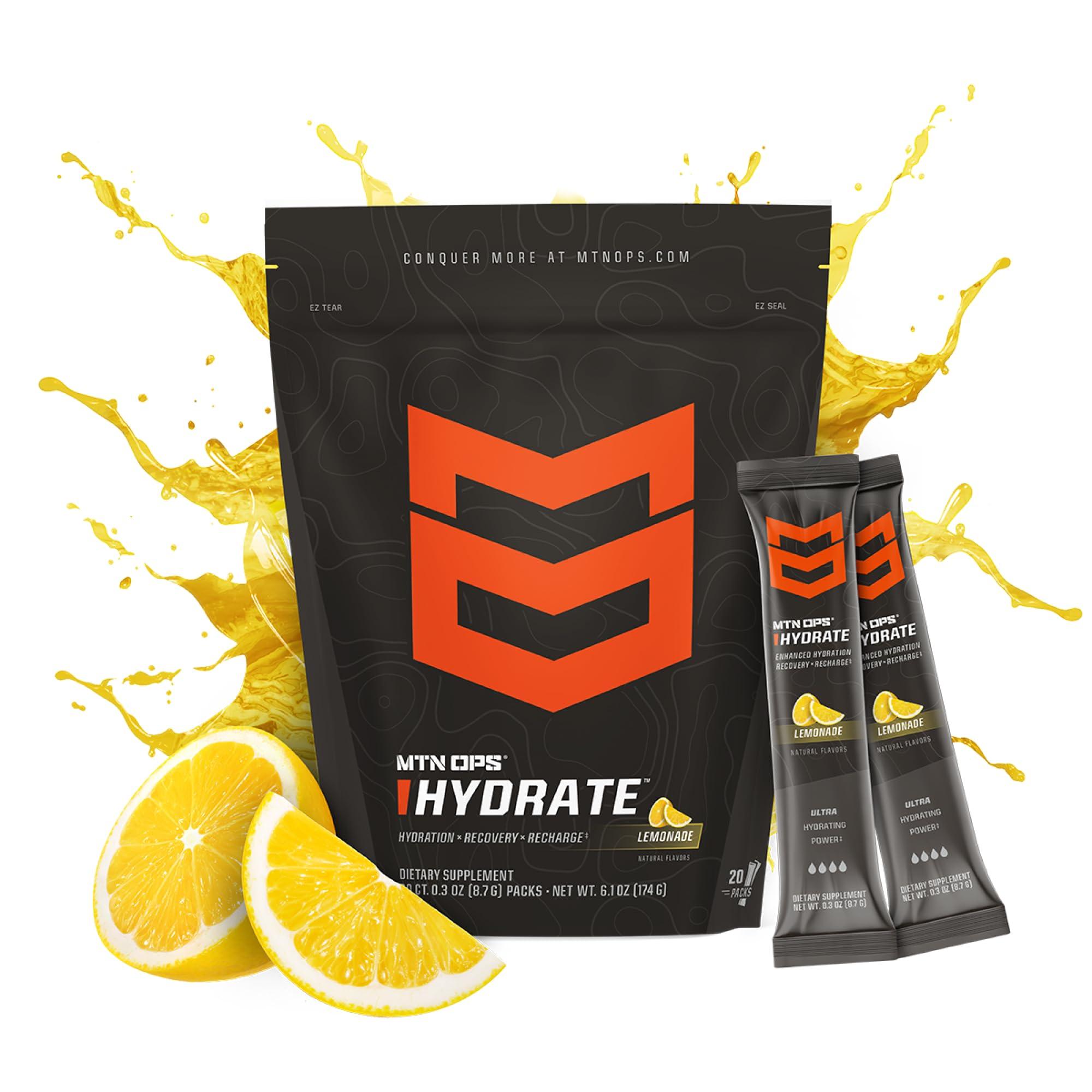 MTN OPS MTN OPS Hydrate Electrolytes Powder Drink Mix, 20 Single Serving On-The-Go Electrolyte Packs with Over 1000mg of Electrolytes per Serving, Lemonade