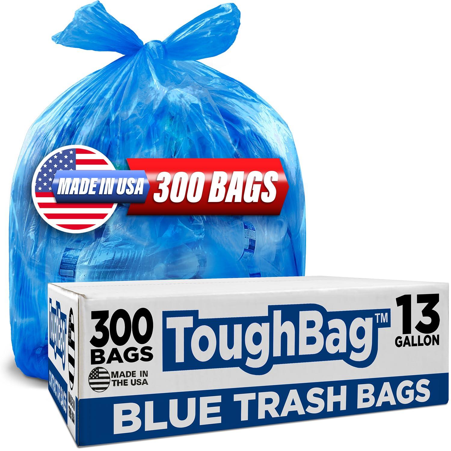 ToughBag ToughBag 13 Gallon Recycling Bags, Blue Trash Bags (300 COUNT) - Blue Recycle Bags, Recycle Trash Bags 13 Gallon Tall Kitchen - Made in USA