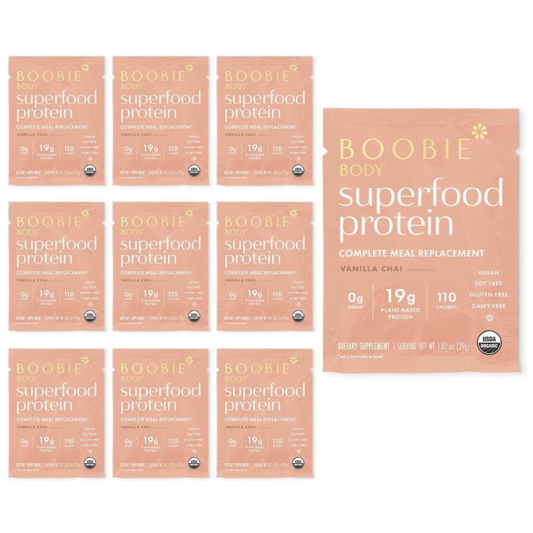 Boobie Brands Boobie Body Superfood Protein Meal Replacement Shake, Vanilla Chai Flavor | 19g Protein | Safe For Pregnancy, Lactation, & Motherhood | Organic, Vegan, Zero Sugar, 10 Single Serve Packets (1.02 oz each)