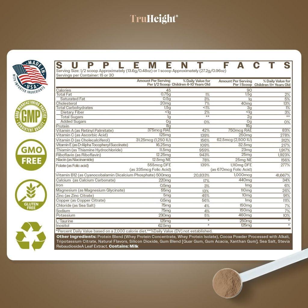 TruHeight TruHeight Growth Protein Shake (Chocolate Milk Flavor, Whey) Natural Growth & Development Protein Powder for Kids & Teens - Endorsed by Pediatricians - Vitamins & Minerals for Picky Eaters - Ages 5+