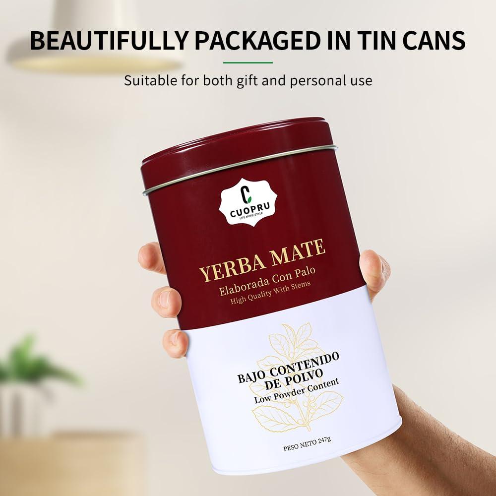 Cuopru Yerba Mate, CUOPRU Suave Argentinian Mate Tea, Low Tea Powder, Original Leaves with Stems, Include Portable Storage Tea Caddy(N.W.247g)