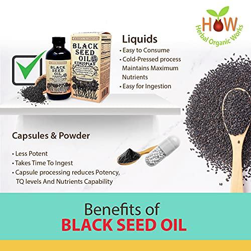 Herbal Organic Works Black Seed Oil 8oz. 100% Ethiopian Pure Black Cumin Seed Oil, 100% Natural Nigella Sativa. 3 Times More Thymoquinone, Cold Pressed in Glass Bottle