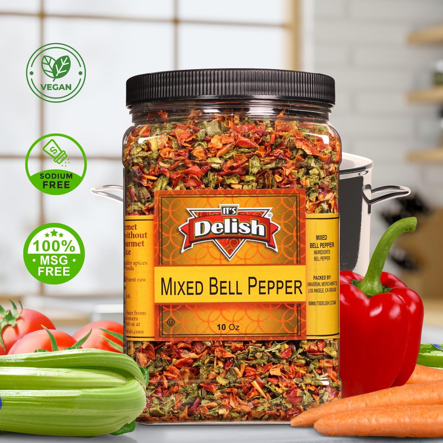 It's Delish Dehydrated Dried Red and Green Bell Peppers Mix by It's Delish, Jumbo Reusable Container 16 Oz (1 lb) | Bulk Mixed Bell Pepper Flakes Chopped & Dried Vegetable Spice Seasoning | Vegan, Kosher