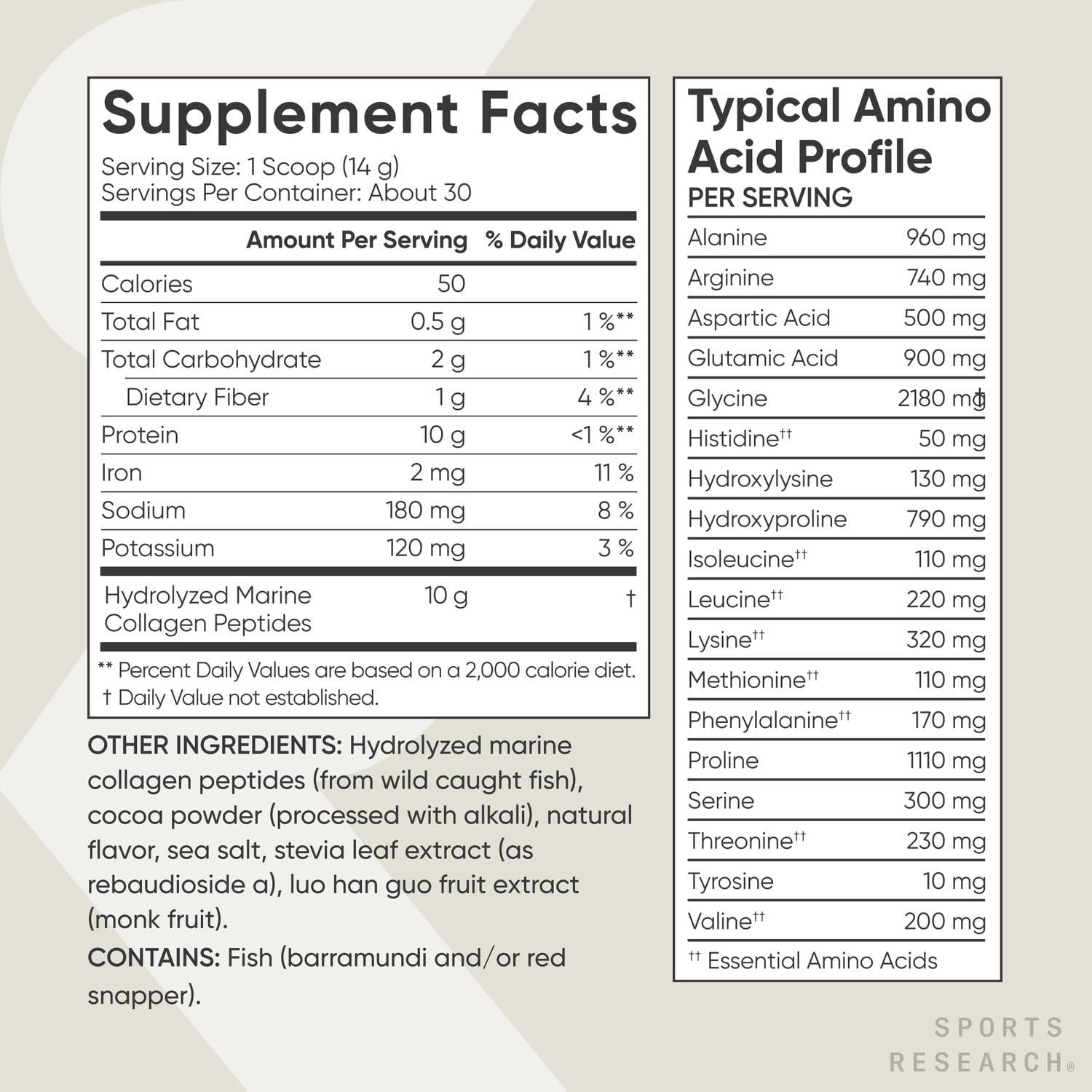 Sports Research Sports Research Marine Collagen Peptides, Dark Chocolate - Hydrolyzed 1&3 Collagen from Wild-Caught Fish - Pescatarian Non-GMO Gluten Free - 30 Servings