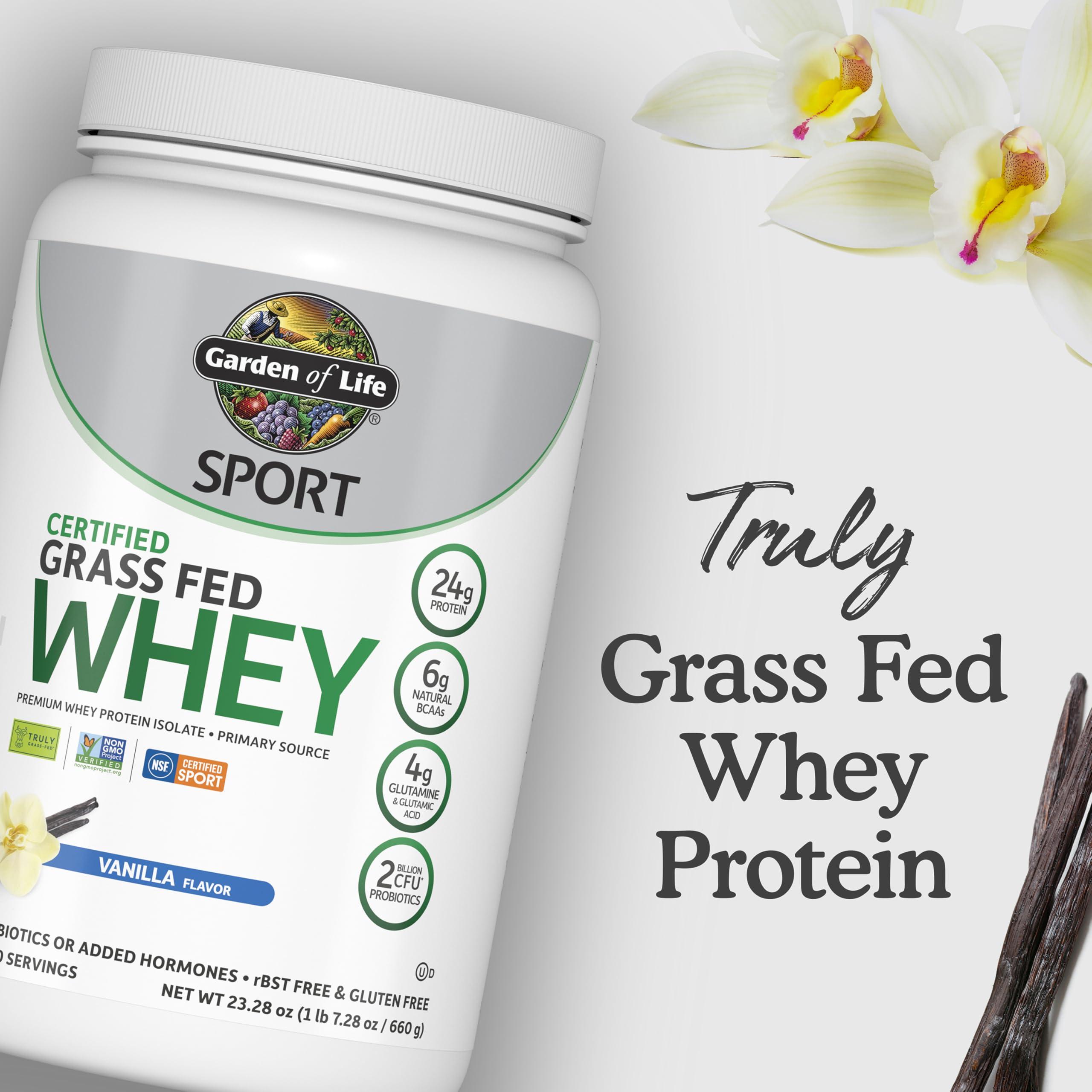 Garden of Life Garden of Life Sport Whey Protein Powder Vanilla, Premium Grass Fed Whey Protein Isolate Plus Probiotics for Immune System Health, 24g Protein, Non GMO, Gluten Free, Cold Processed - 20 Servings
