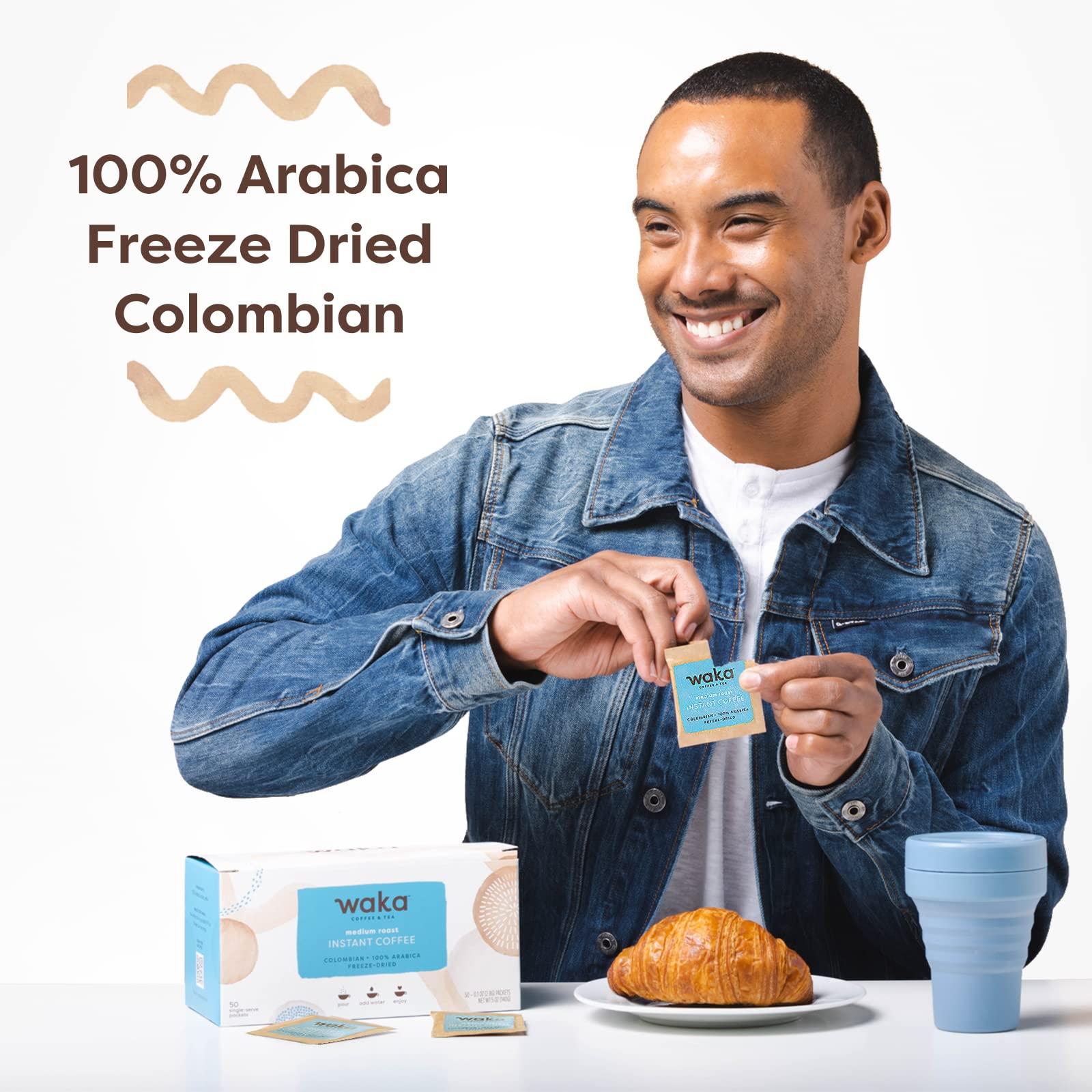 Waka Coffee Waka Premium Instant Medium Roast Coffee (50 Single Serve Packets) & No Sugar Added Green Tea Powder (200 Cups)