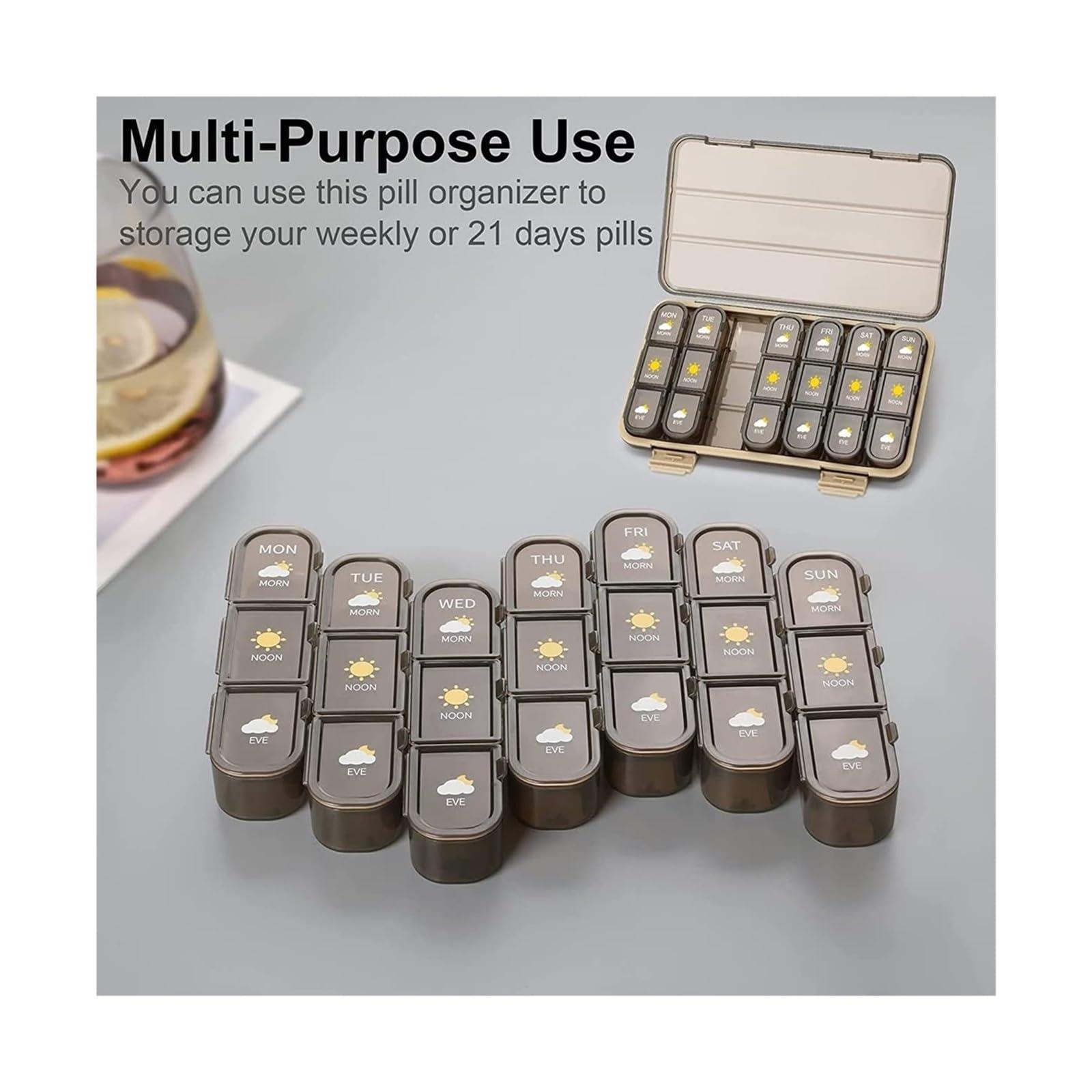 SNIME Pill Dispenser Pill Organizer,Travel Pill Box 7 Day, Airtight Pill Case Waterproof Moisture Proof, BPA Free, Easy Open (Size : 21 grids-Brown)