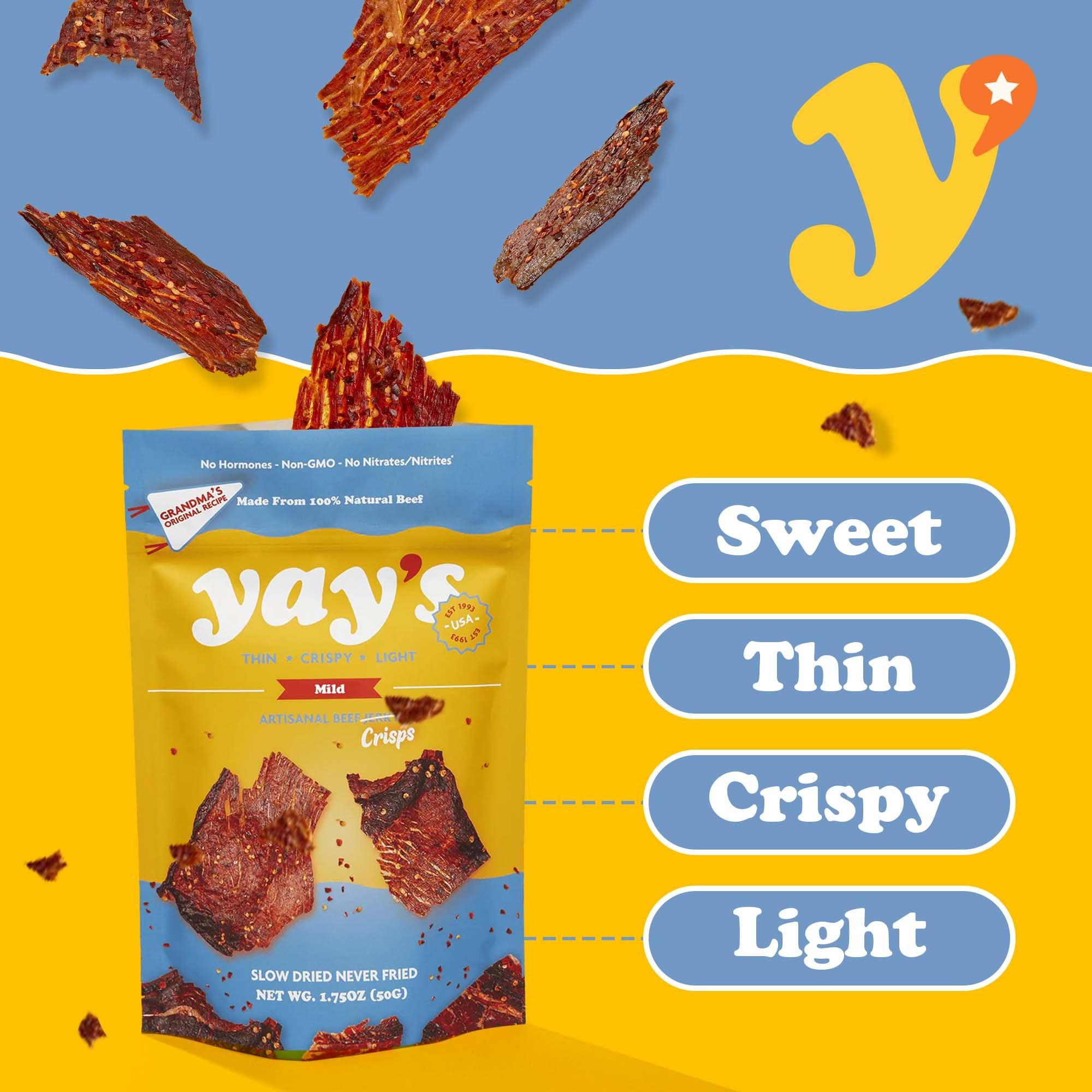 Yay\'s Yay\'s Snacks Sweet and Spicy Beef Crisps | Crispy, Crunchy, High Protein Snacks | Mild Beef Jerky with 24G Protein Snacks Per Bag | Healthy Meat Snacks Non-GMO, USA Made - 3 Packs (1.75 Oz Each)