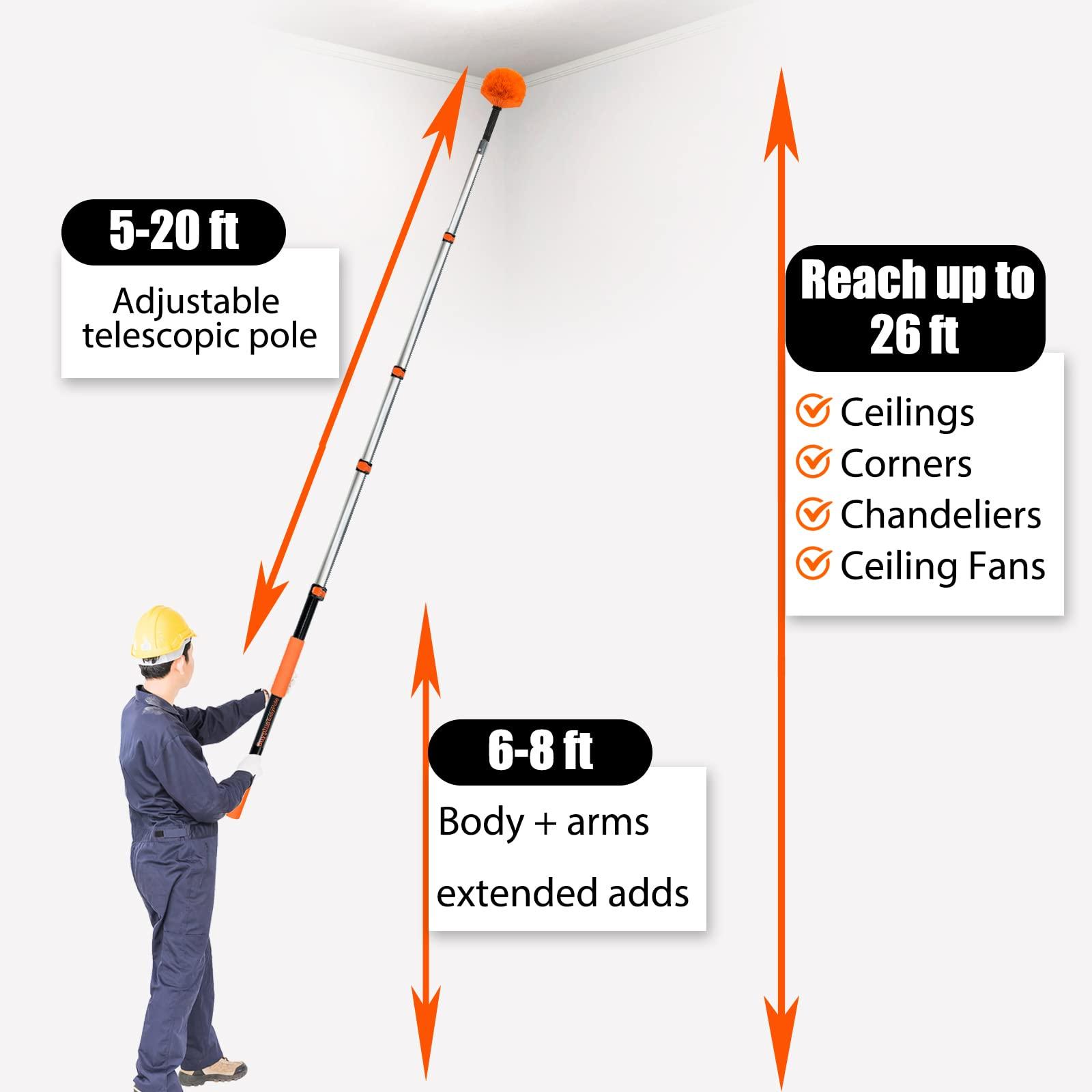 Buyplus Buyplus 26FT Reach Cobweb Duster, Outdoor Spider Web Cleaner Brush with Professional 5-20FT Extension Pole, Non-Shedding Fluffy Bristles, Suitable for Ceiling and Corner Dusters for Indoor and Outdoor